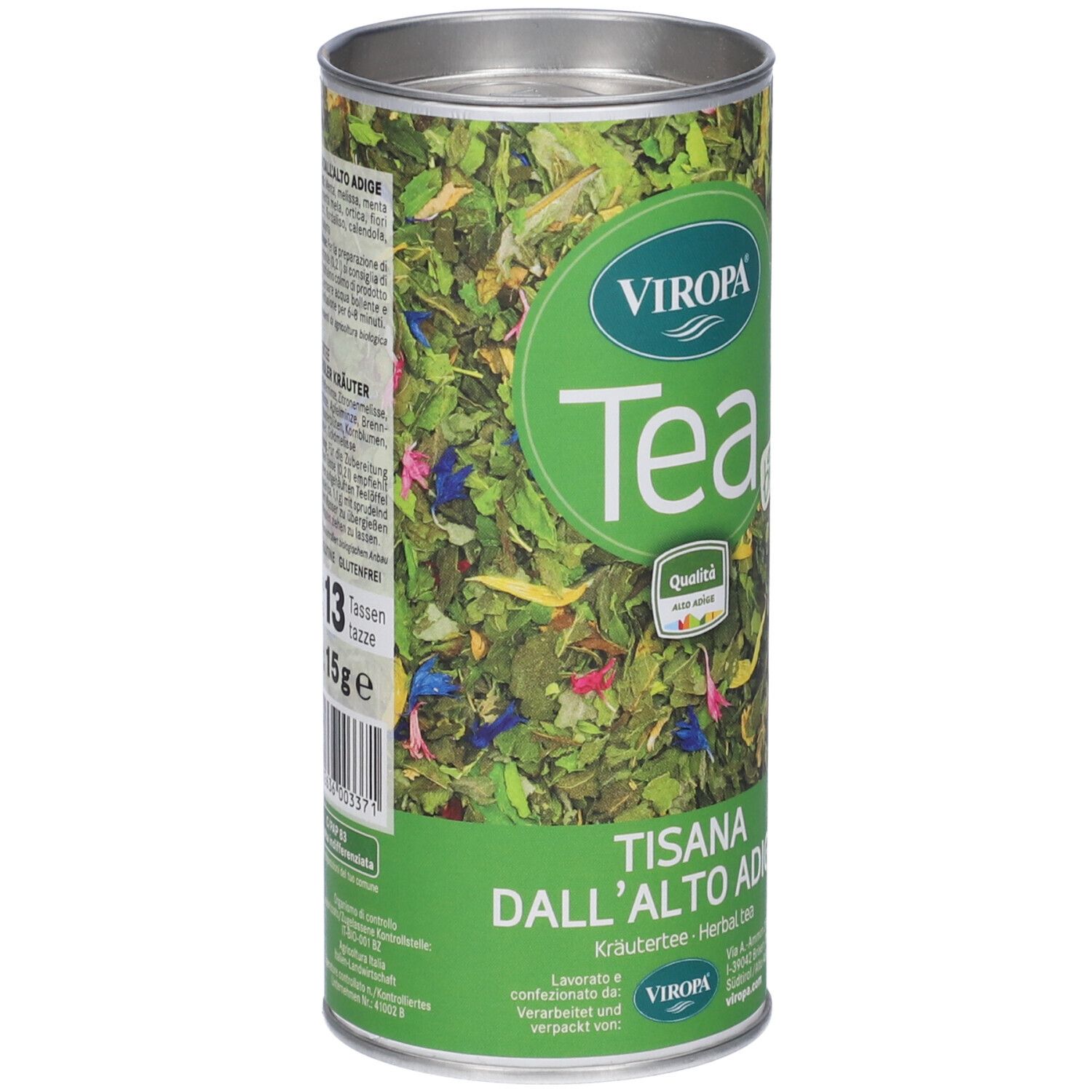 Lattina cilindrica di tisana. Etichetta verde e bianca con logo e testo. 13 tazze, 15g.