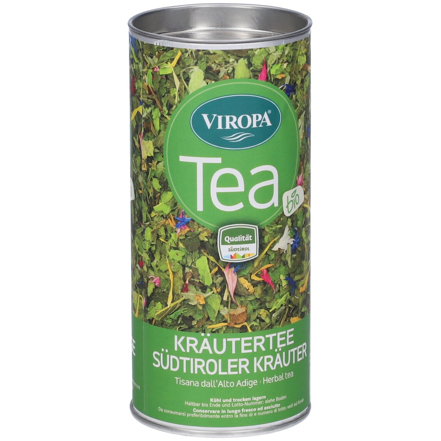 Lattina cilindrica di tisana. Etichetta verde e bianca con logo e testo. Sigillo di qualità biologica.