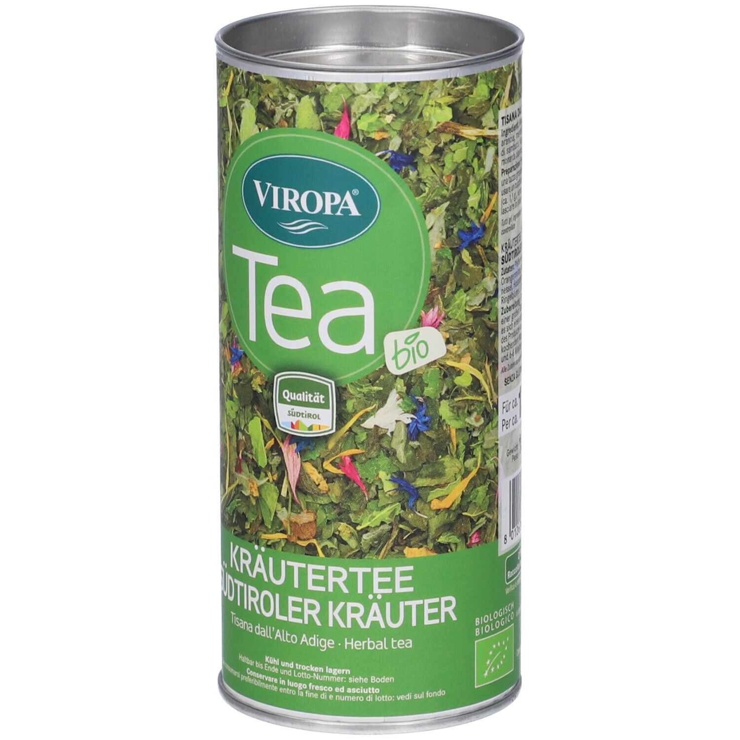 Lattina cilindrica di tisana. Etichetta verde e bianca con logo e testo. Sigillo di qualità biologica.