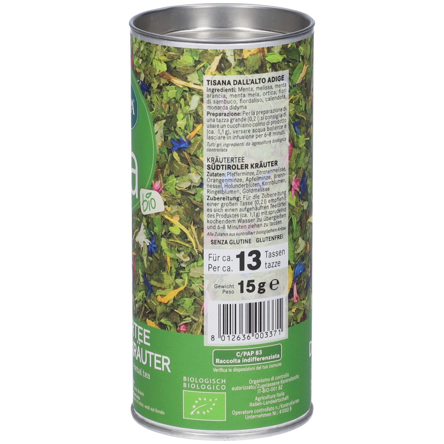Lattina cilindrica di tisana. Retro con ingredienti, preparazione, 13 tazze, 15g. Sigillo bio.