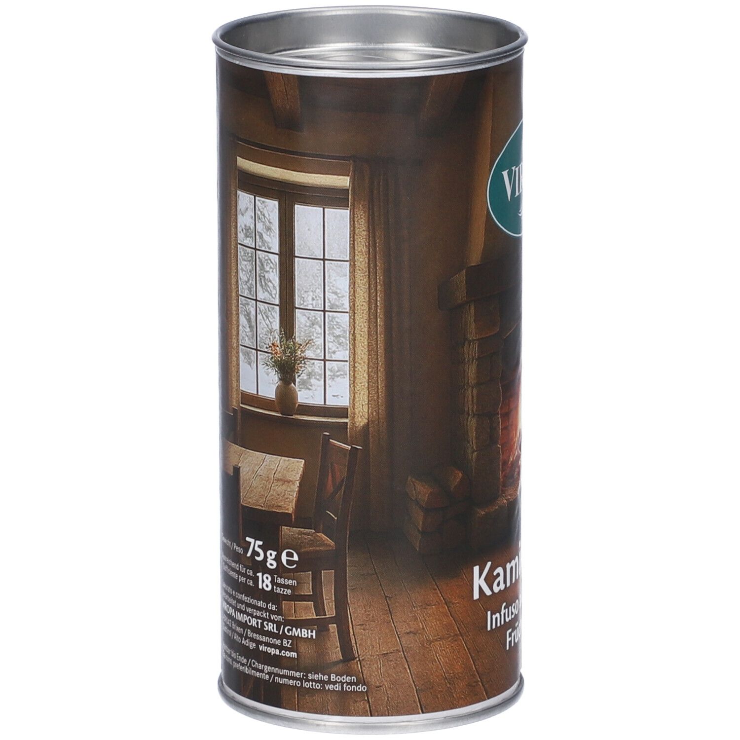 Barattolo cilindrico Viropa. Immagine di una stanza con finestra e tavolo. Testo: Kaminfeuer, Infuso alla frutta, 75g.