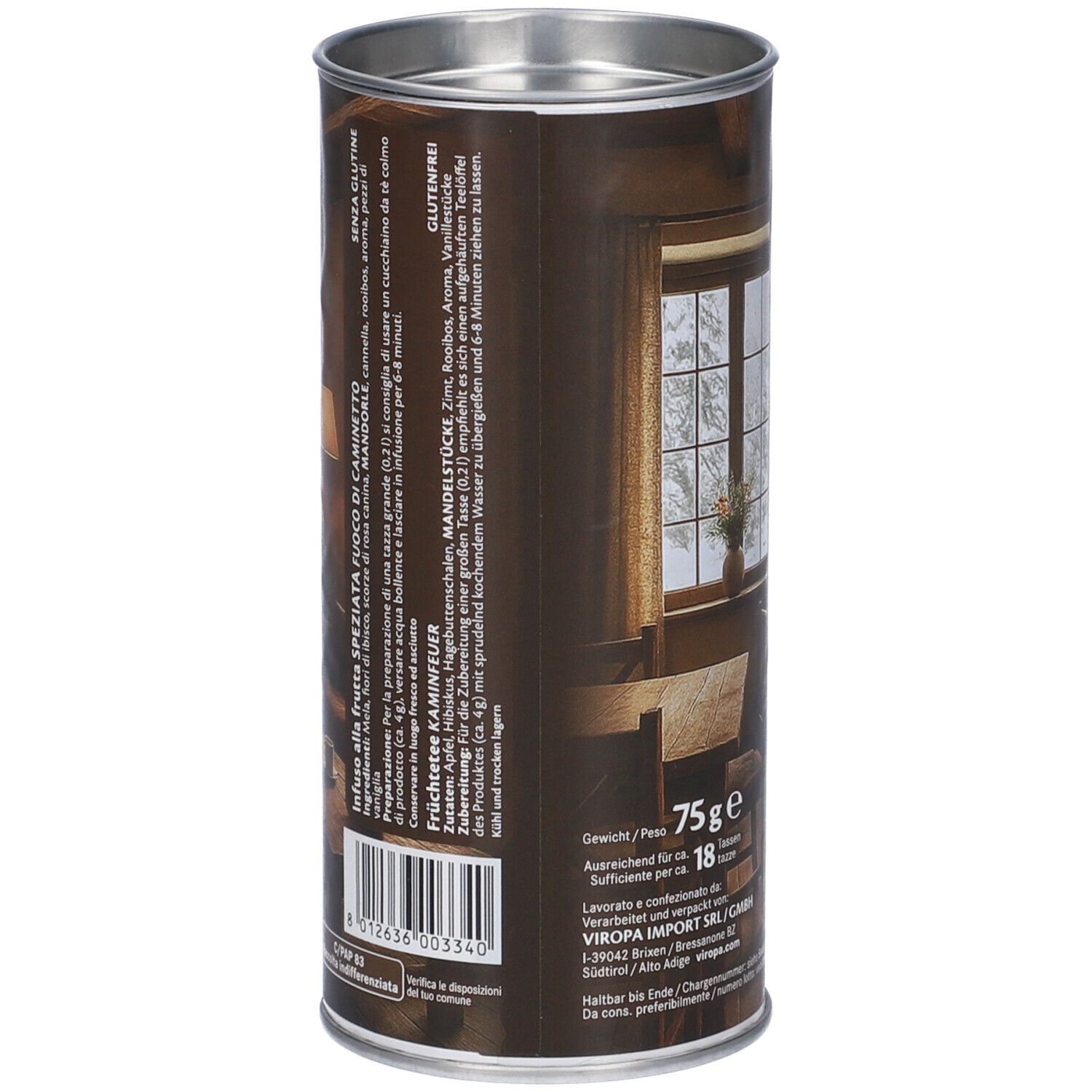 Barattolo cilindrico con testo e codice a barre. Testo: Infuso alla frutta speziata fuoco di caminetto, 75g, senza glutine.