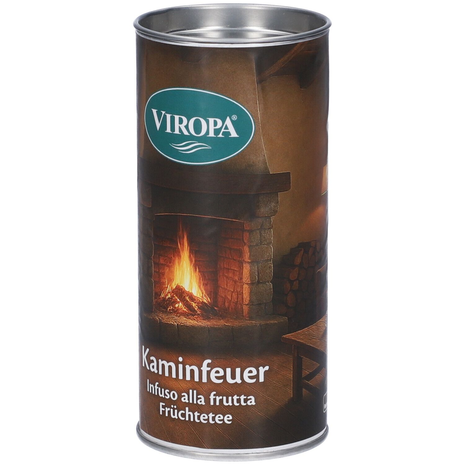 Barattolo cilindrico Viropa. Immagine di un camino con fuoco. Testo: Kaminfeuer, Infuso alla frutta, Früchtetee.