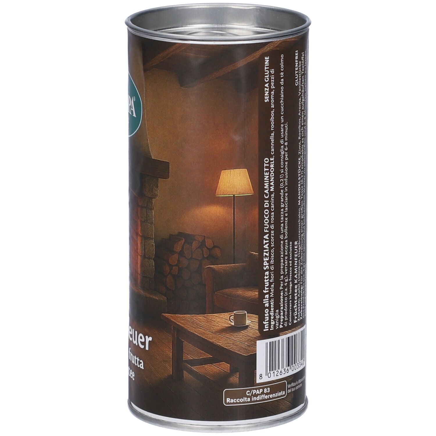 Barattolo cilindrico Viropa. Immagine di una stanza con camino e tavolo. Testo: Kaminfeuer, Infuso alla frutta, Früchtetee.