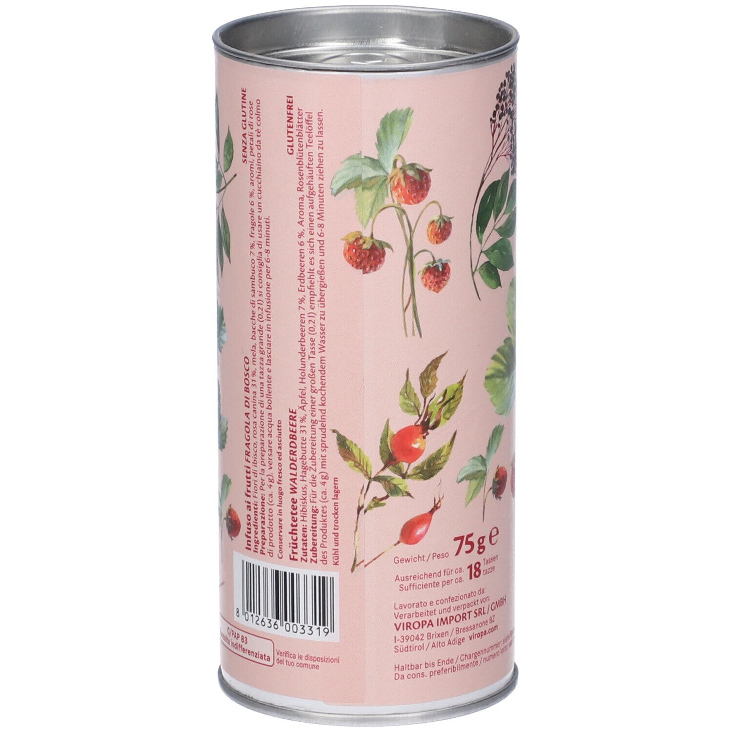 Retro di un barattolo cilindrico con testo e illustrazioni di fragole. Testo: Infuso ai frutti Fragola di bosco, 75g, 18 bustine. Senza glutine.