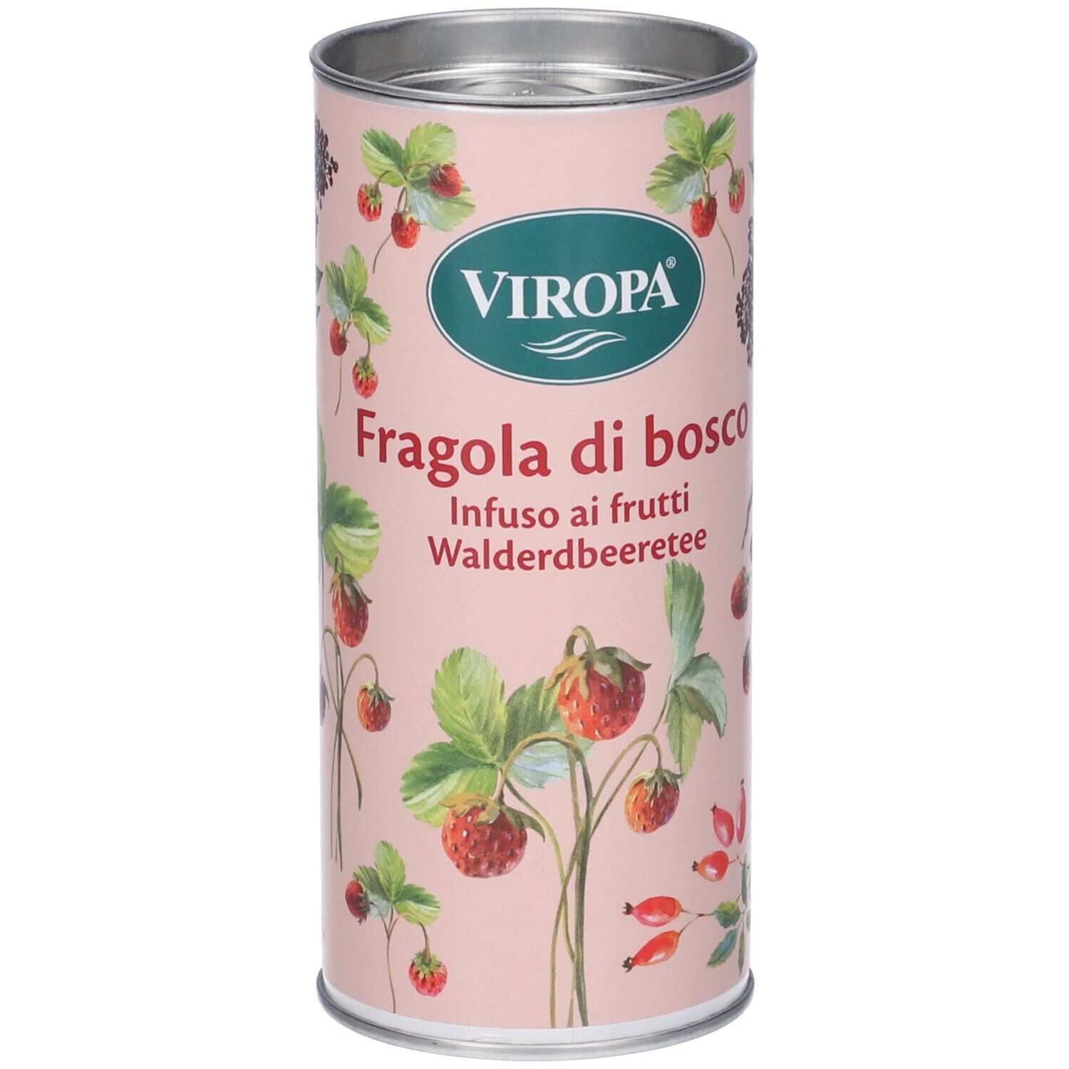 Barattolo cilindrico con illustrazioni di fragole e logo Viropa. Testo: Fragola di bosco, Infuso ai frutti, Walderdbeerteee.