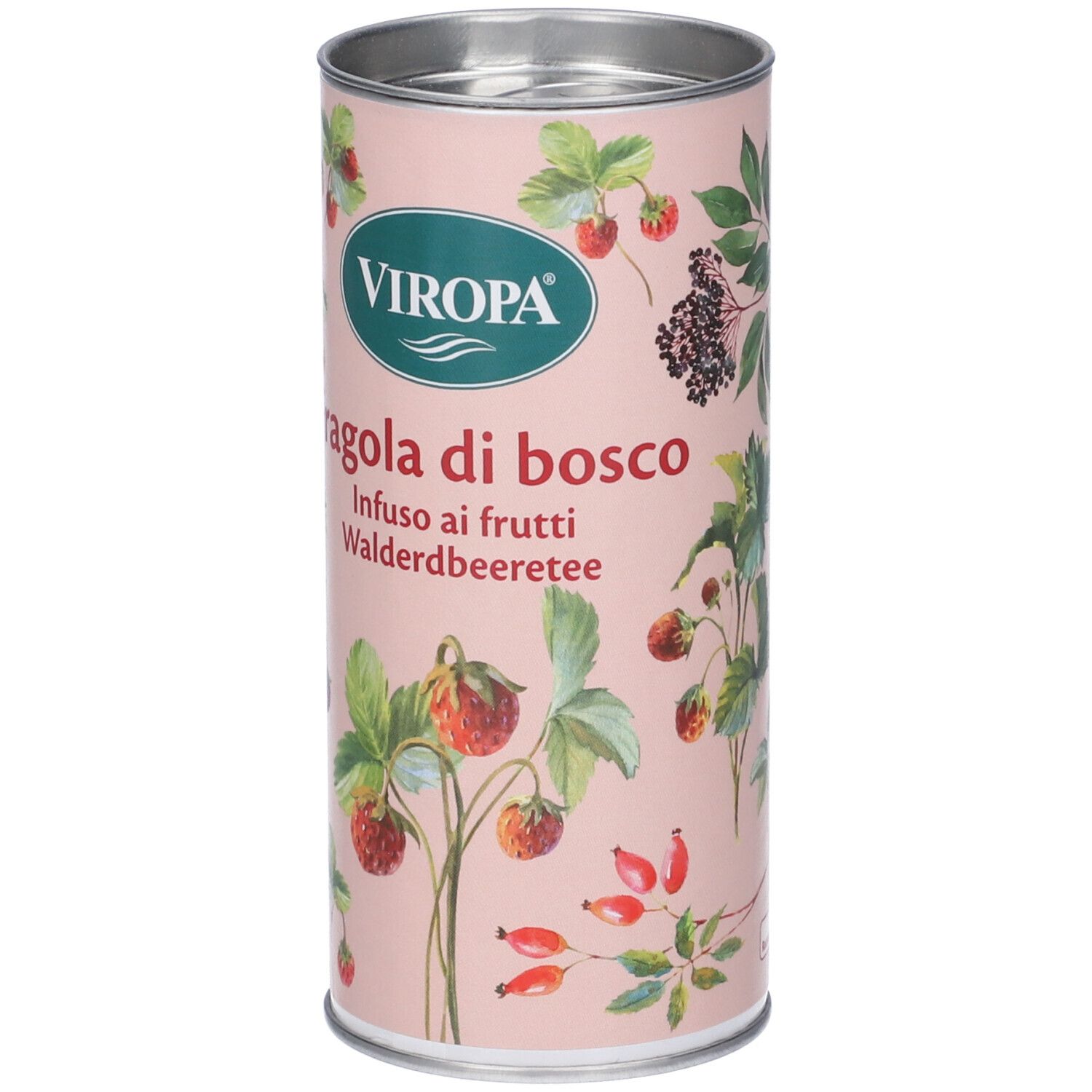 Barattolo cilindrico con illustrazioni di fragole e logo Viropa. Testo: Fragola di bosco, Infuso ai frutti, Walderdbeerteee.