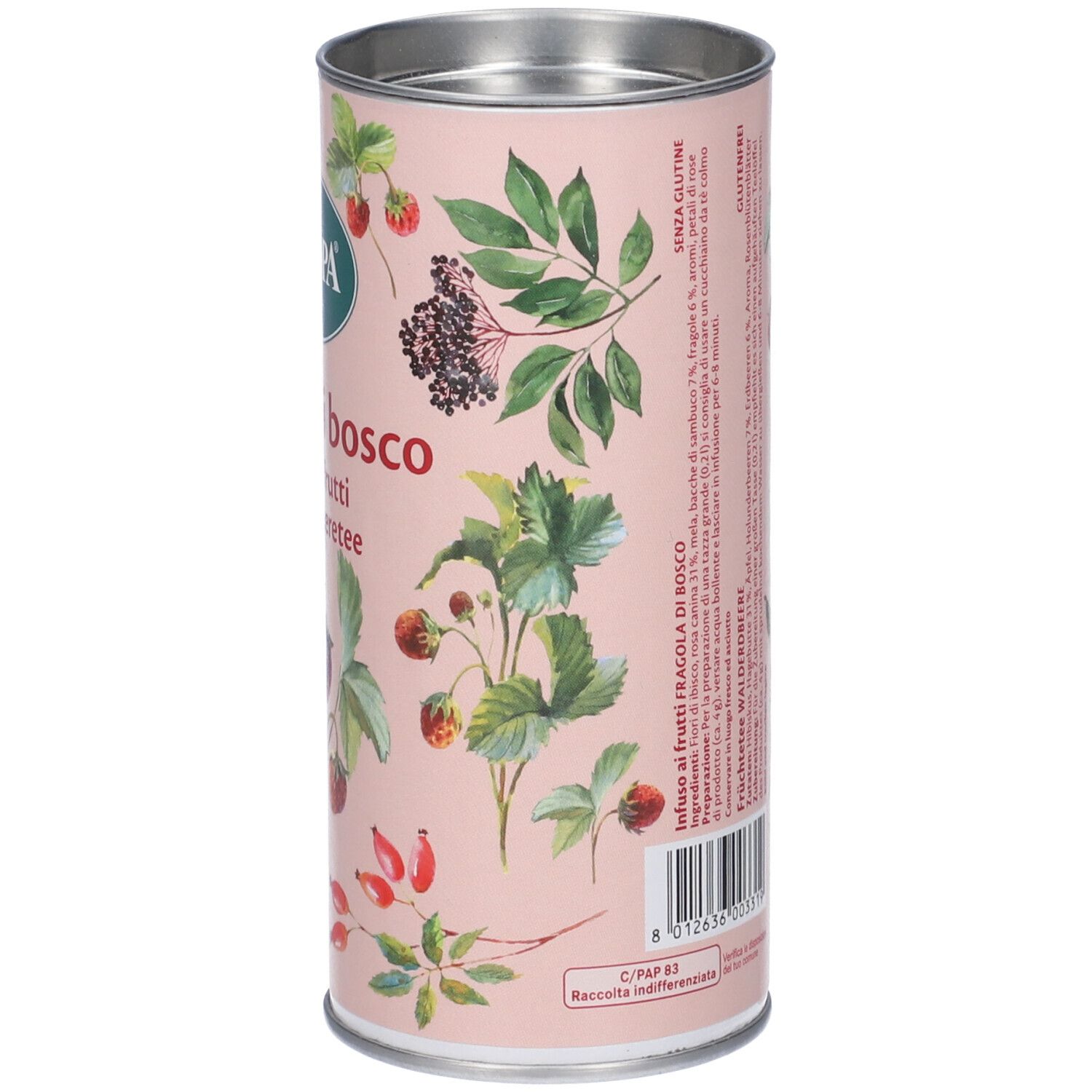 Retro di un barattolo cilindrico con testo e illustrazioni di fragole. Testo: Infuso ai frutti Fragola di bosco. Senza glutine.
