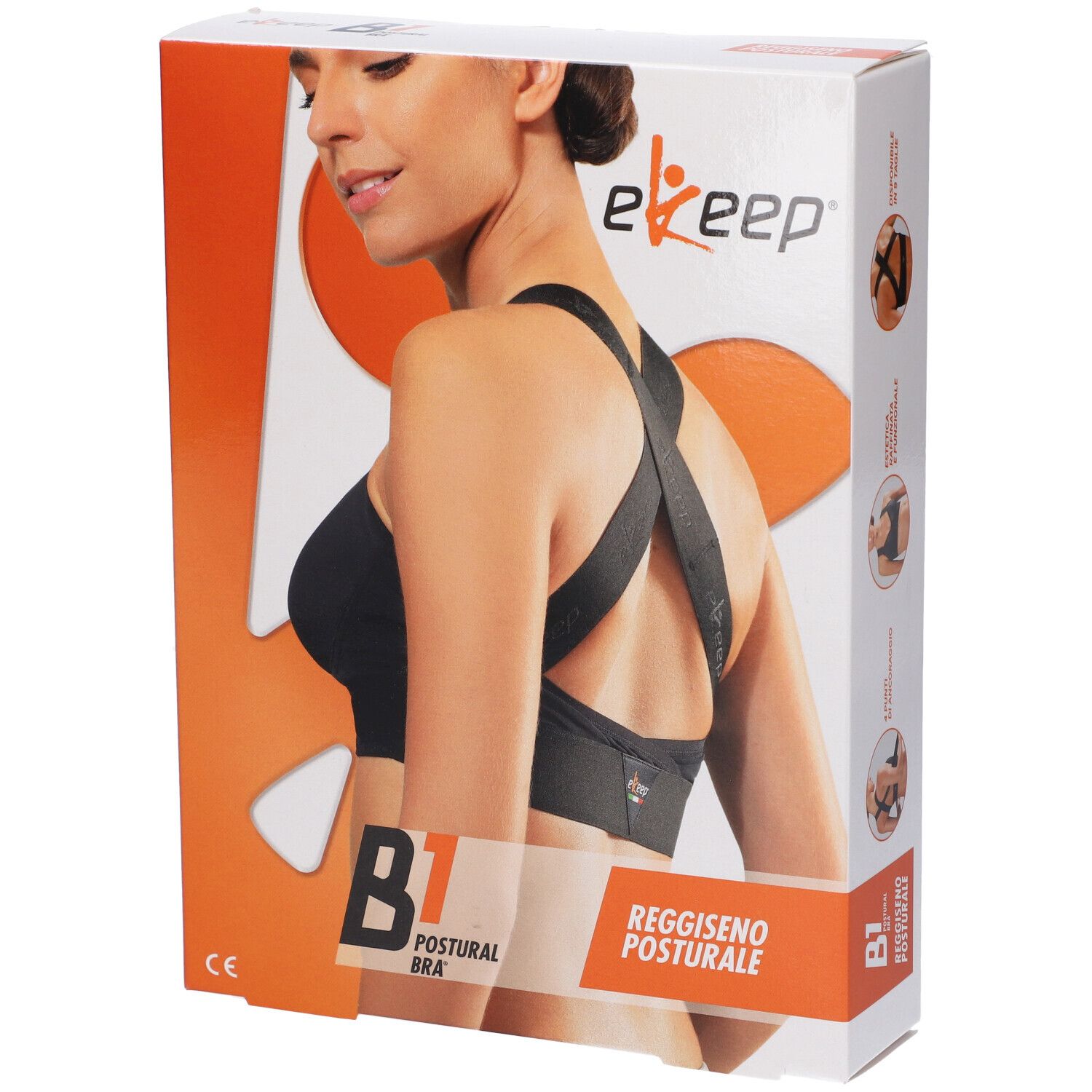 Confezione del reggiseno posturale Ekeep B1. Scritta: B1 Postural Bra, Reggiseno Posturale. Donna indossa il reggiseno nero.