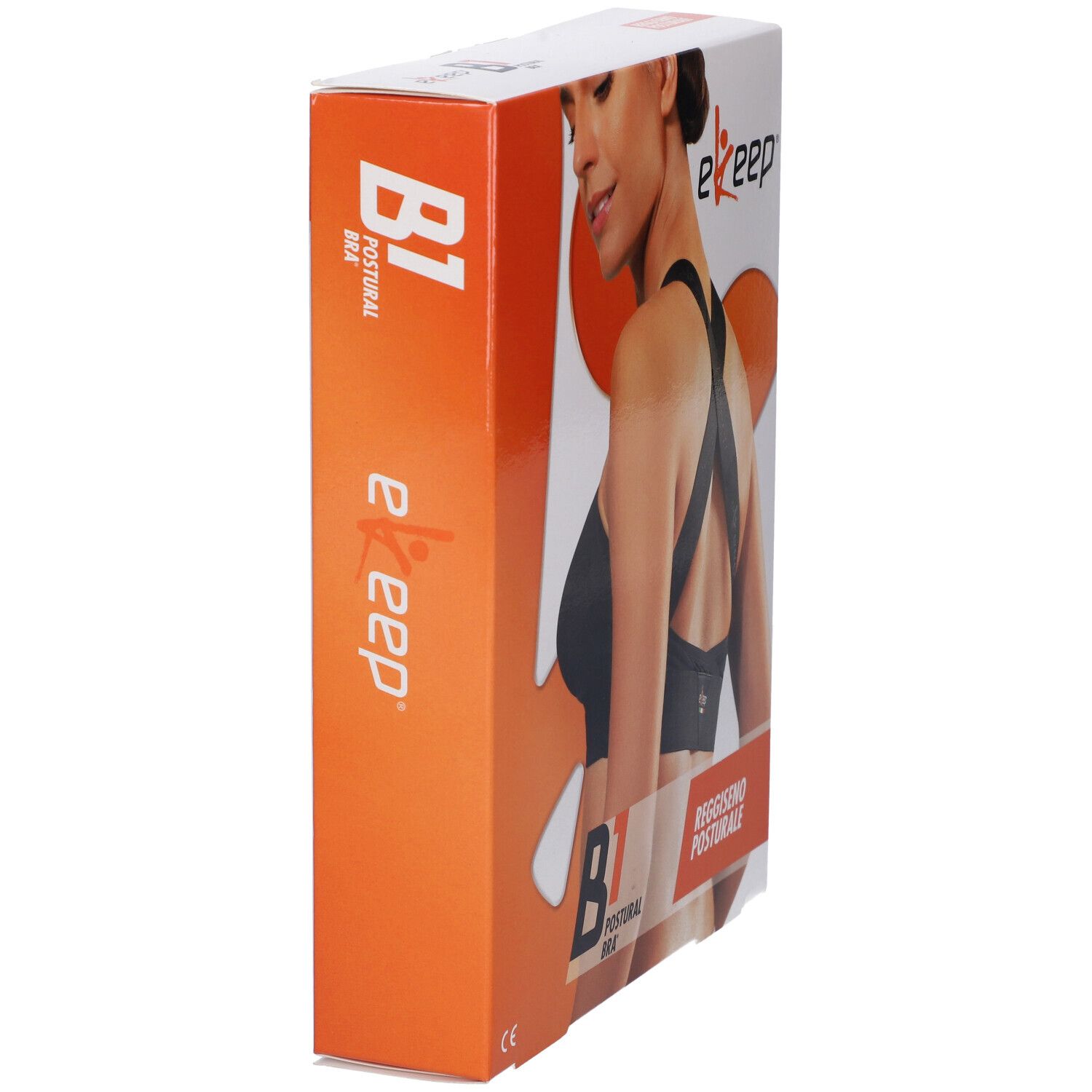 Confezione del reggiseno posturale Ekeep B1. Scritta: B1 Postural Bra, Reggiseno Posturale. Vista laterale della confezione.