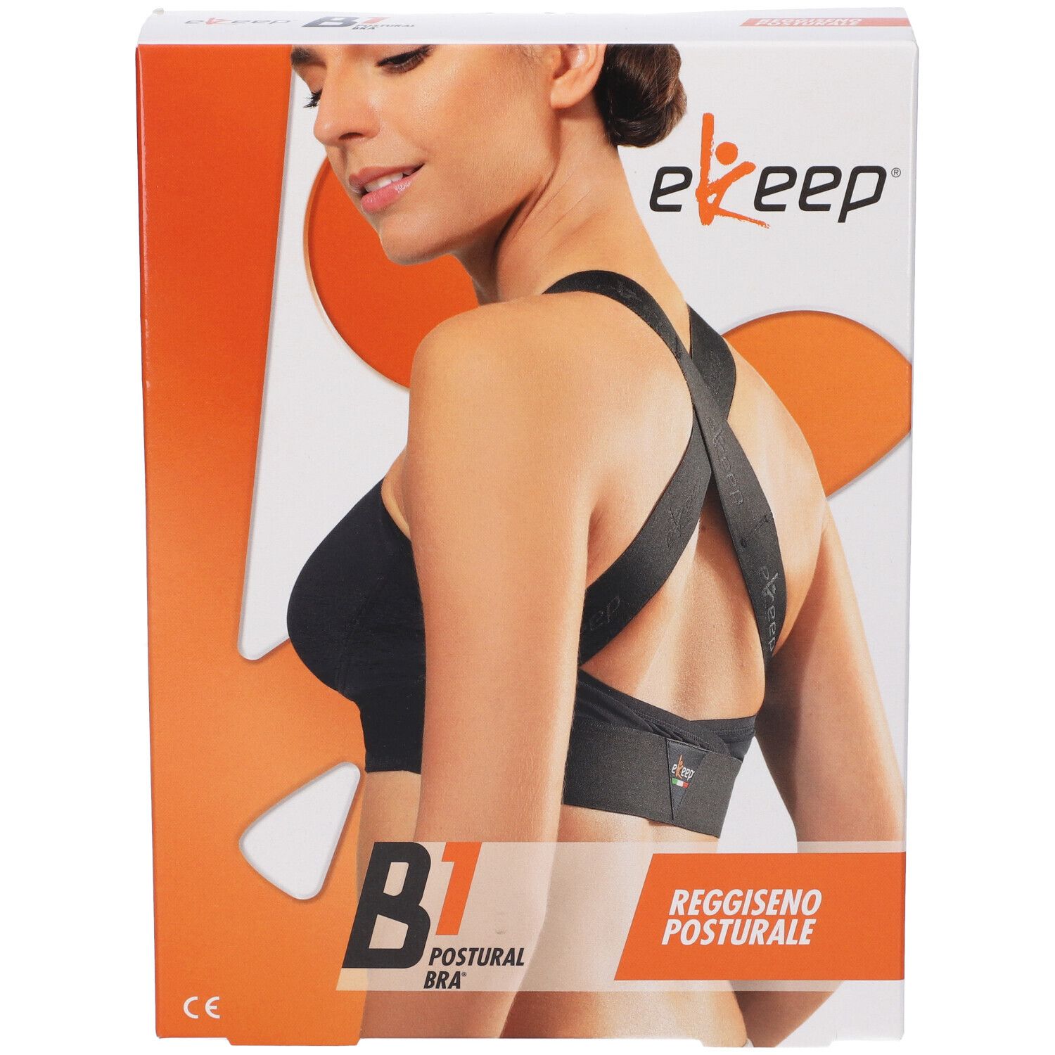 Confezione del reggiseno posturale Ekeep B1. Scritta: B1 Postural Bra, Reggiseno Posturale. Donna indossa il reggiseno nero.