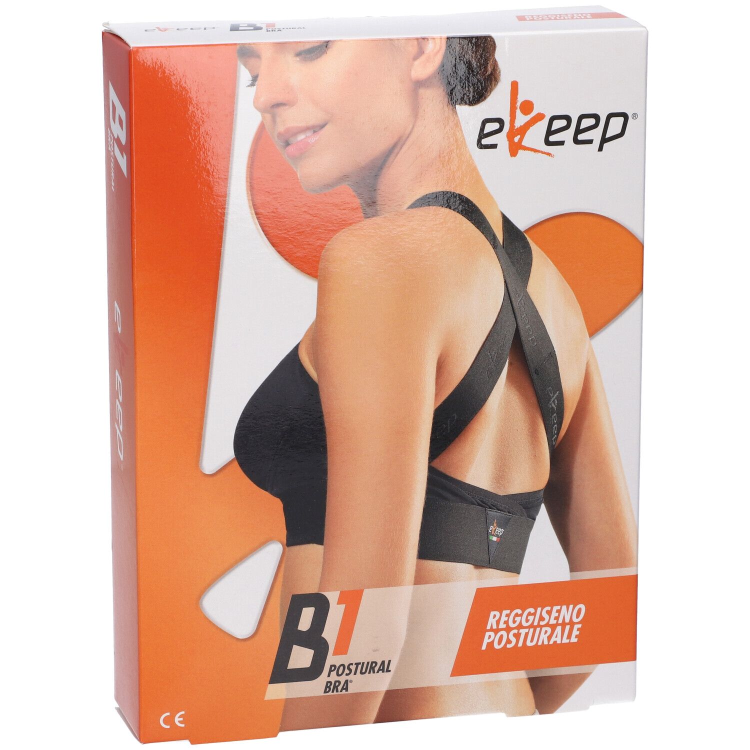 Confezione del reggiseno posturale Ekeep B1. Scritta: B1 Postural Bra, Reggiseno Posturale. Donna indossa il reggiseno nero.