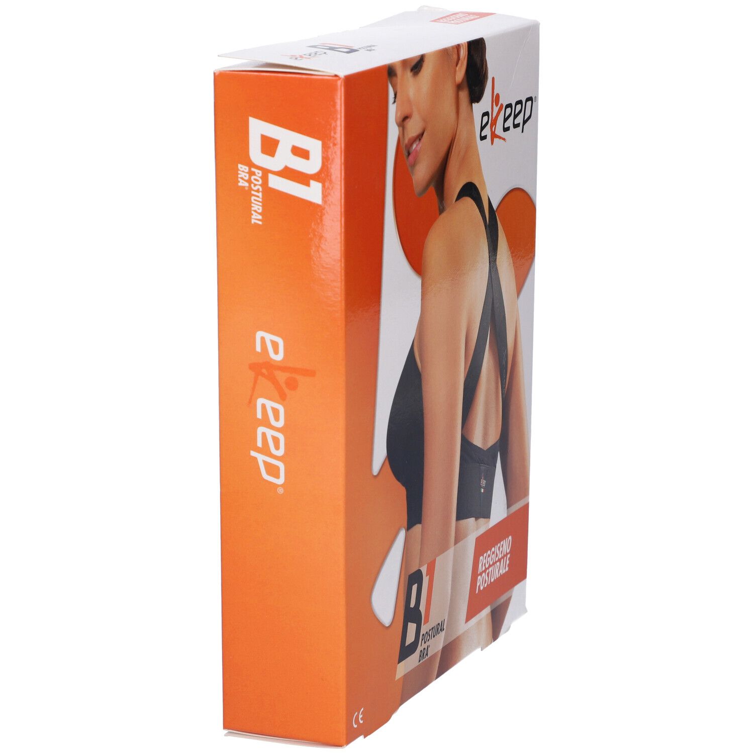 Confezione Ekeep B1 Postural Bra. Scritta: B1 Postural Bra, Reggiseno Posturale. Sfondo arancione.