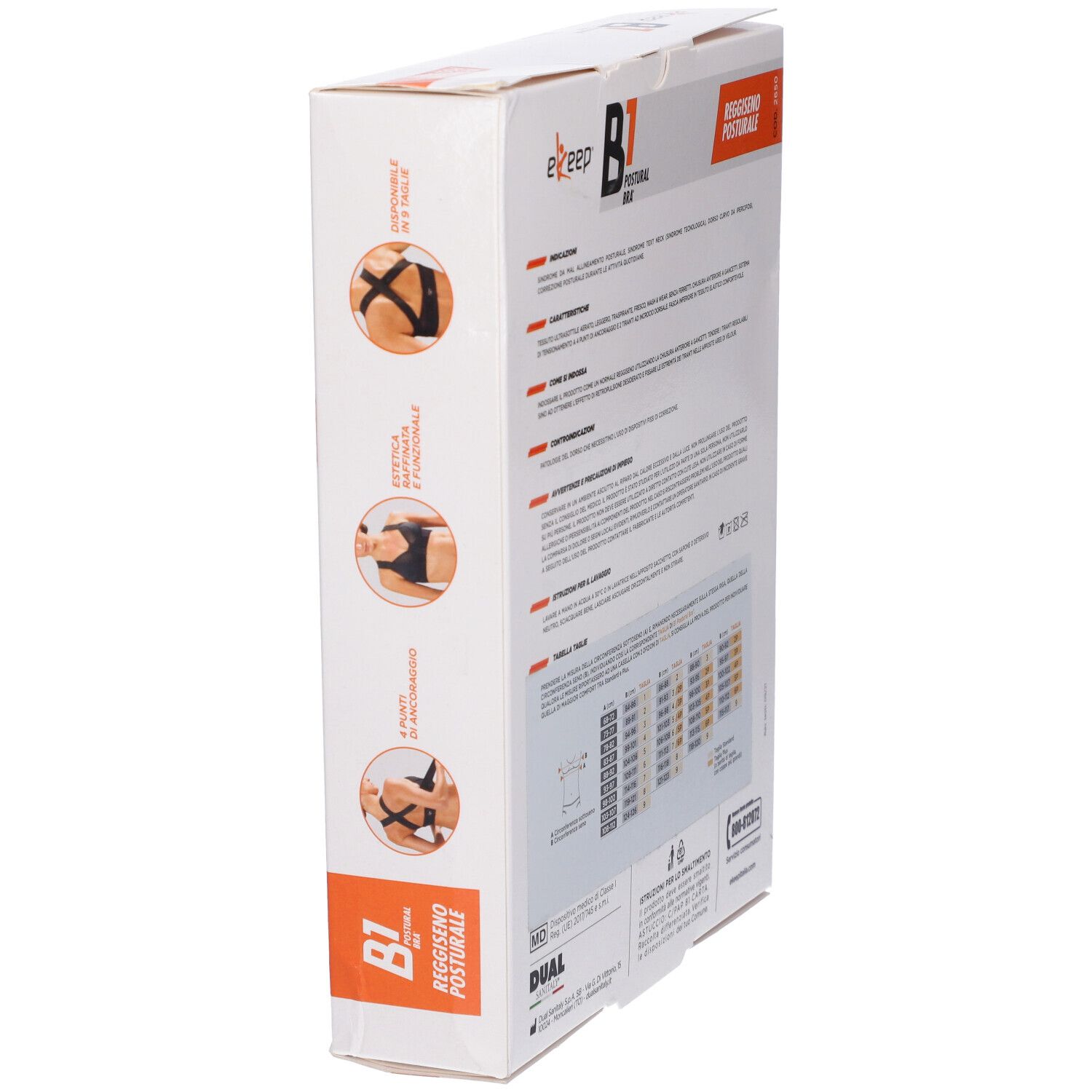 Confezione Ekeep B1 Postural Bra. Testo e illustrazioni. Tabella taglie.