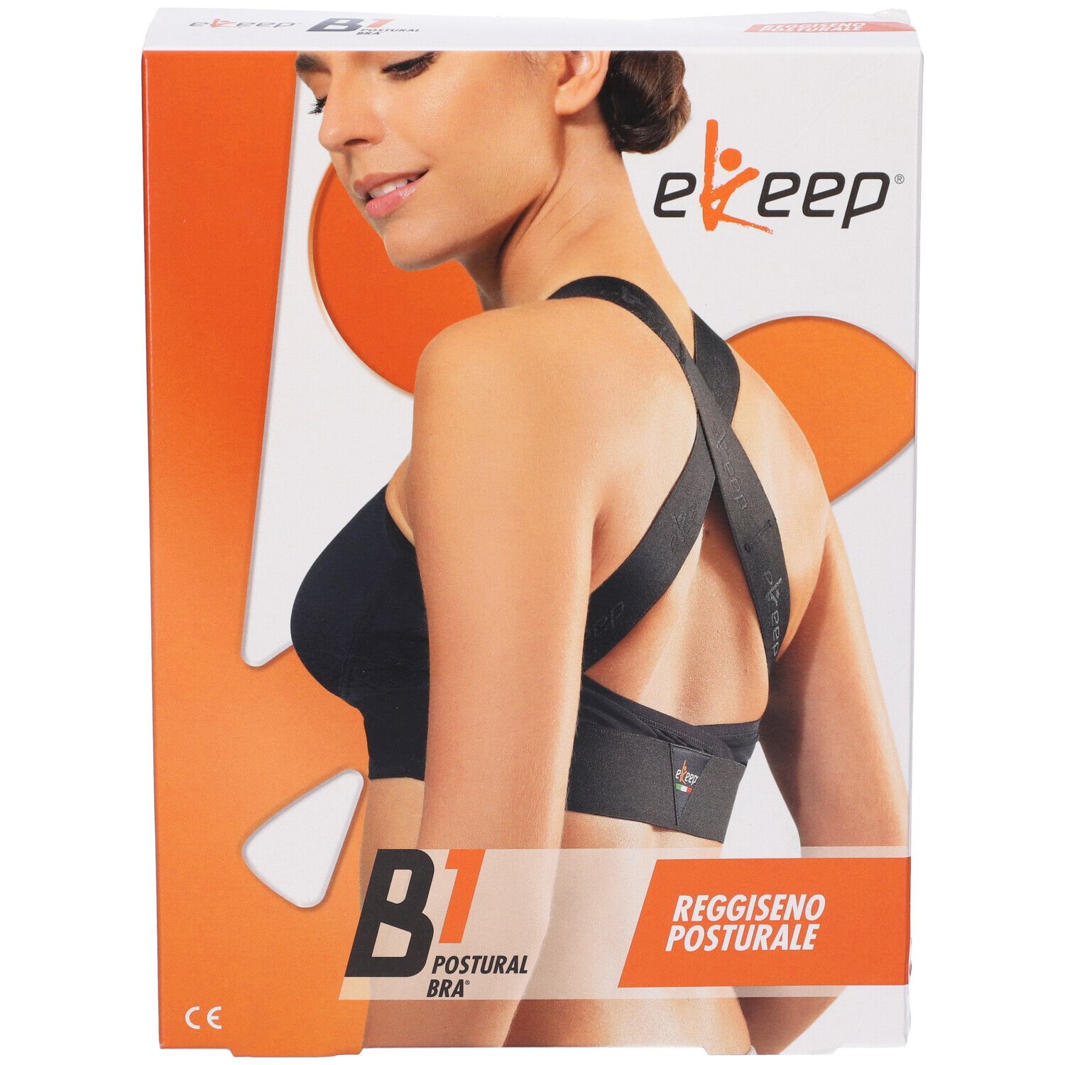 Confezione Ekeep B1 Postural Bra. Scritta: B1 Postural Bra, Reggiseno Posturale. Donna indossa il reggiseno nero.