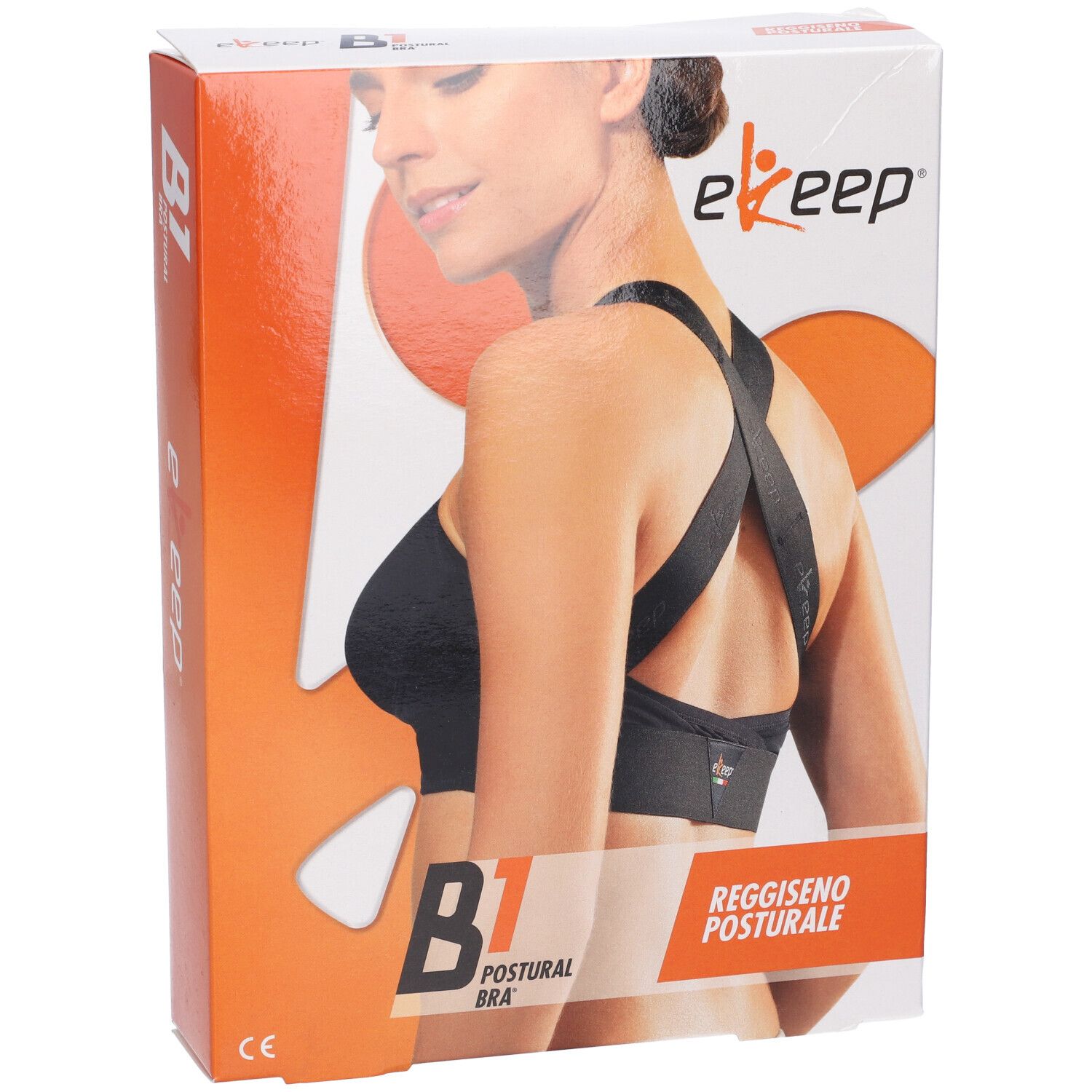Confezione Ekeep B1 Postural Bra. Scritta: B1 Postural Bra, Reggiseno Posturale. Donna indossa il reggiseno nero.