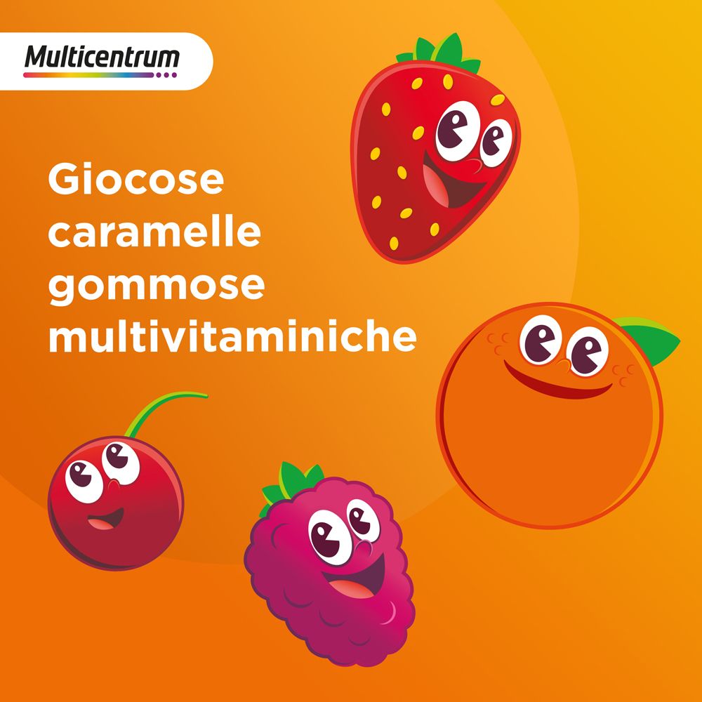 Illustrazione di frutta: fragola, ciliegia, arancia, lampone. Testo: 'Giocose caramelle gommose multivitaminiche'.