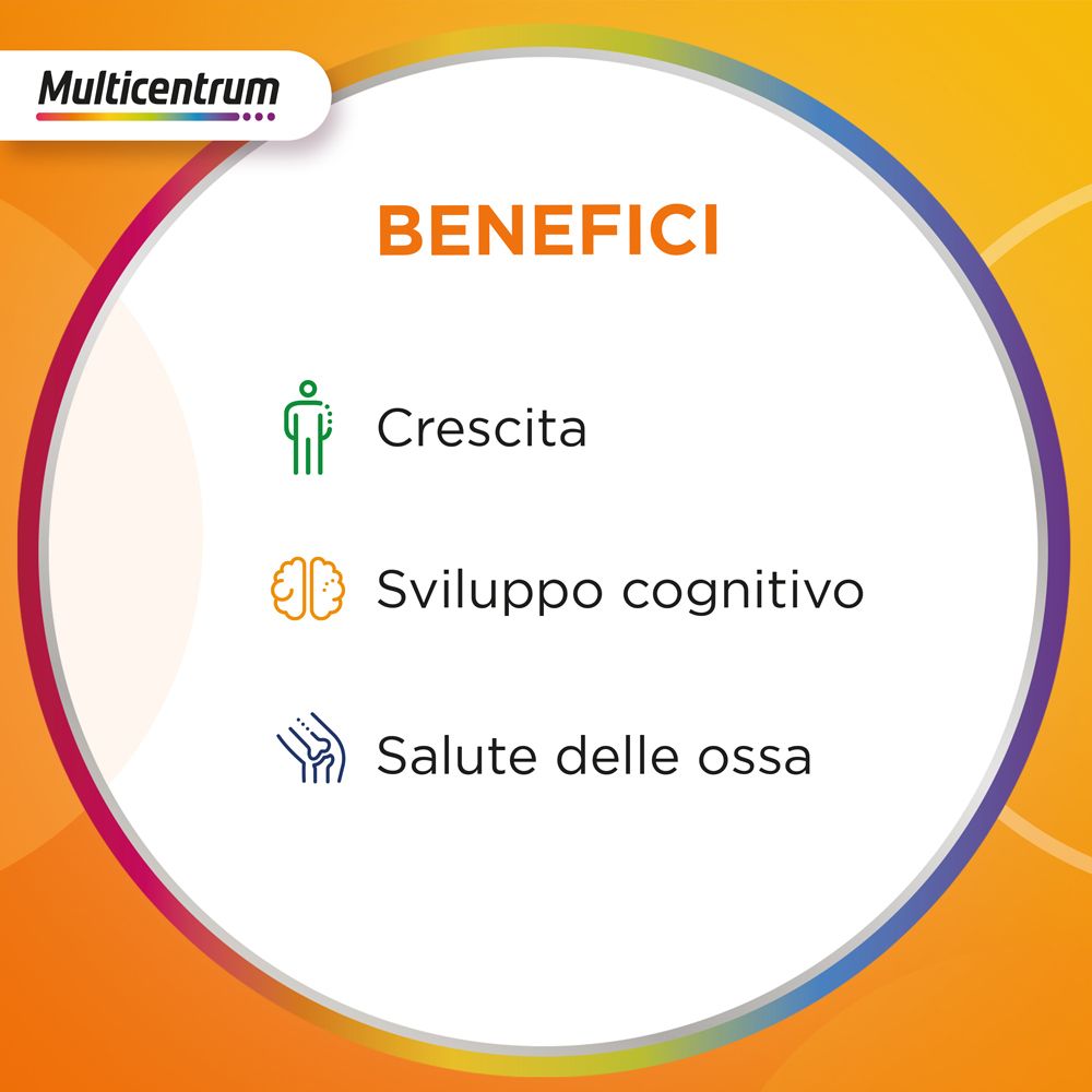 Grafico circolare con testo: 'BENEFICI' e icone per la crescita, lo sviluppo cognitivo e la salute delle ossa.