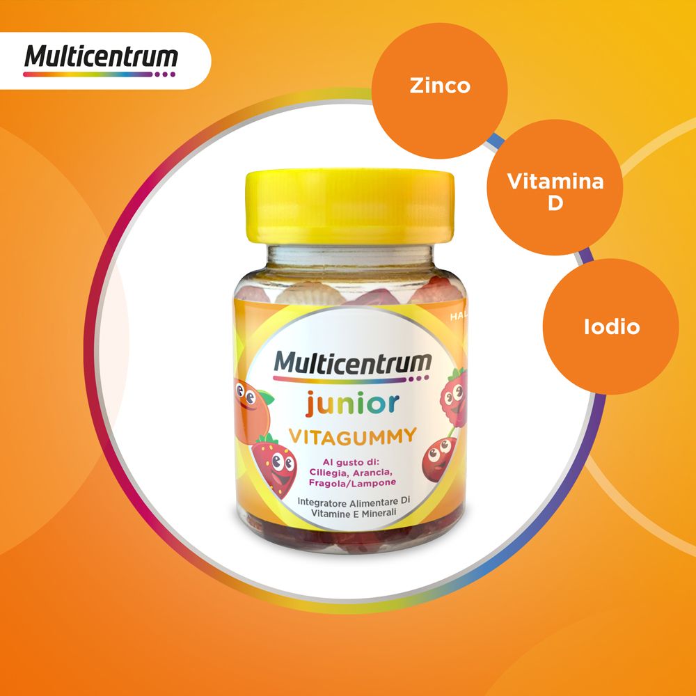 Barattolo Multicentrum junior Vitagummy. Tappo giallo. Testo: Zinco, Vitamina D, Iodio. Etichetta con nome e illustrazioni.