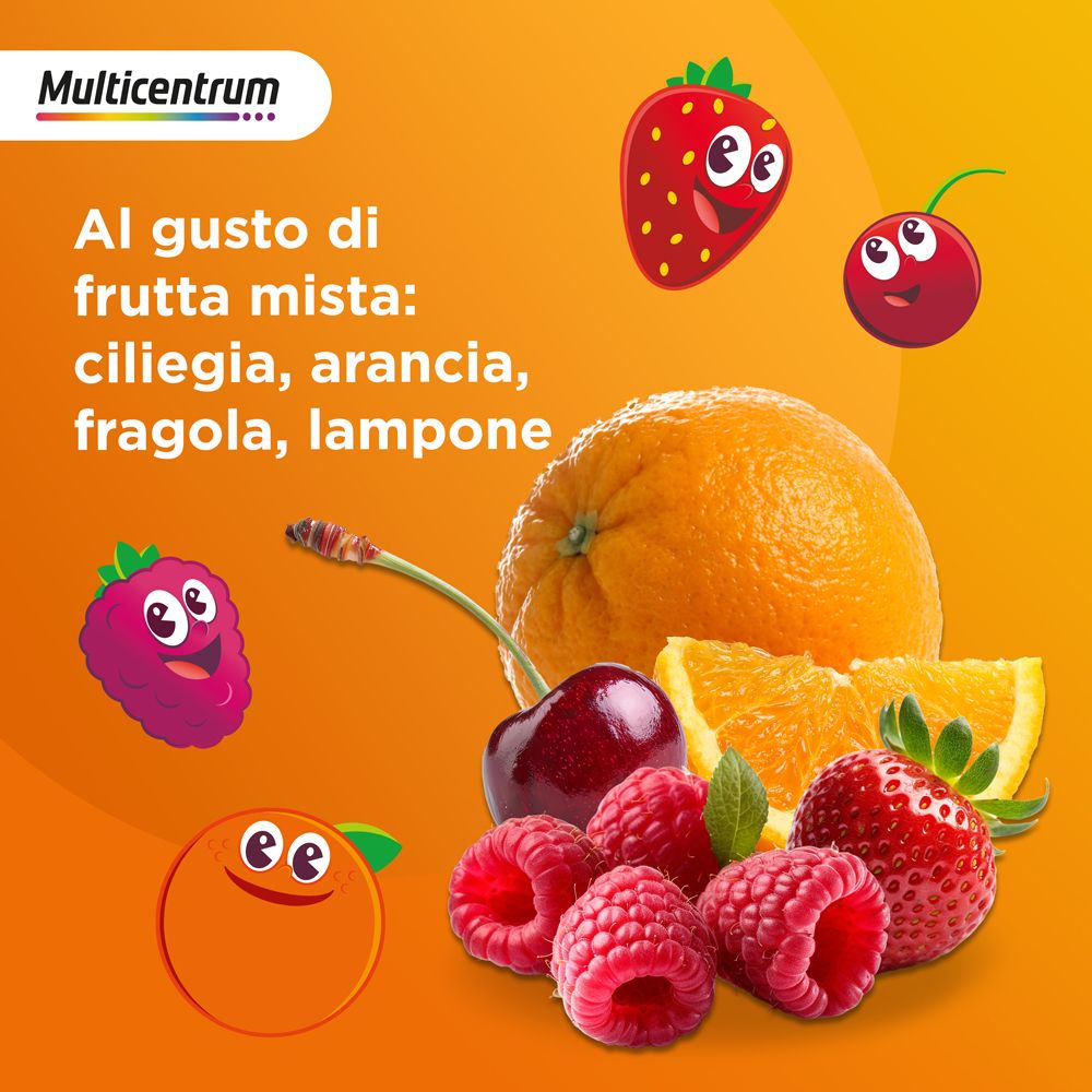 Illustrazione di frutta: ciliegia, arancia, fragola, lampone. Testo: 'Al gusto di frutta mista: ciliegia, arancia, fragola, lampone'.