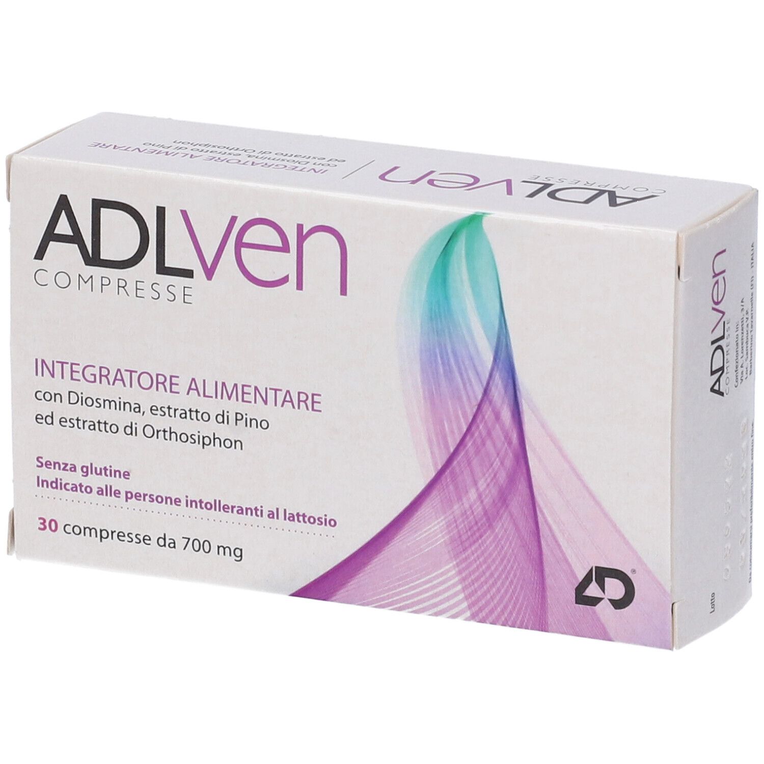 Scatola ADLven Compresse. Scritto: Integratore Alimentare. 30 compresse, 700 mg. Senza glutine. Grafica.