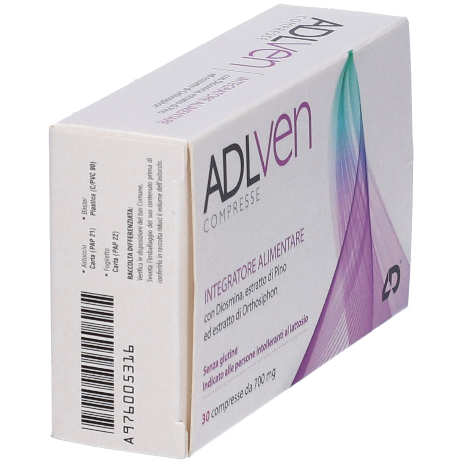 Scatola ADLven Compresse. Vista laterale. Scritto: Integratore Alimentare. 30 compresse, 700 mg. Senza glutine. Grafica.