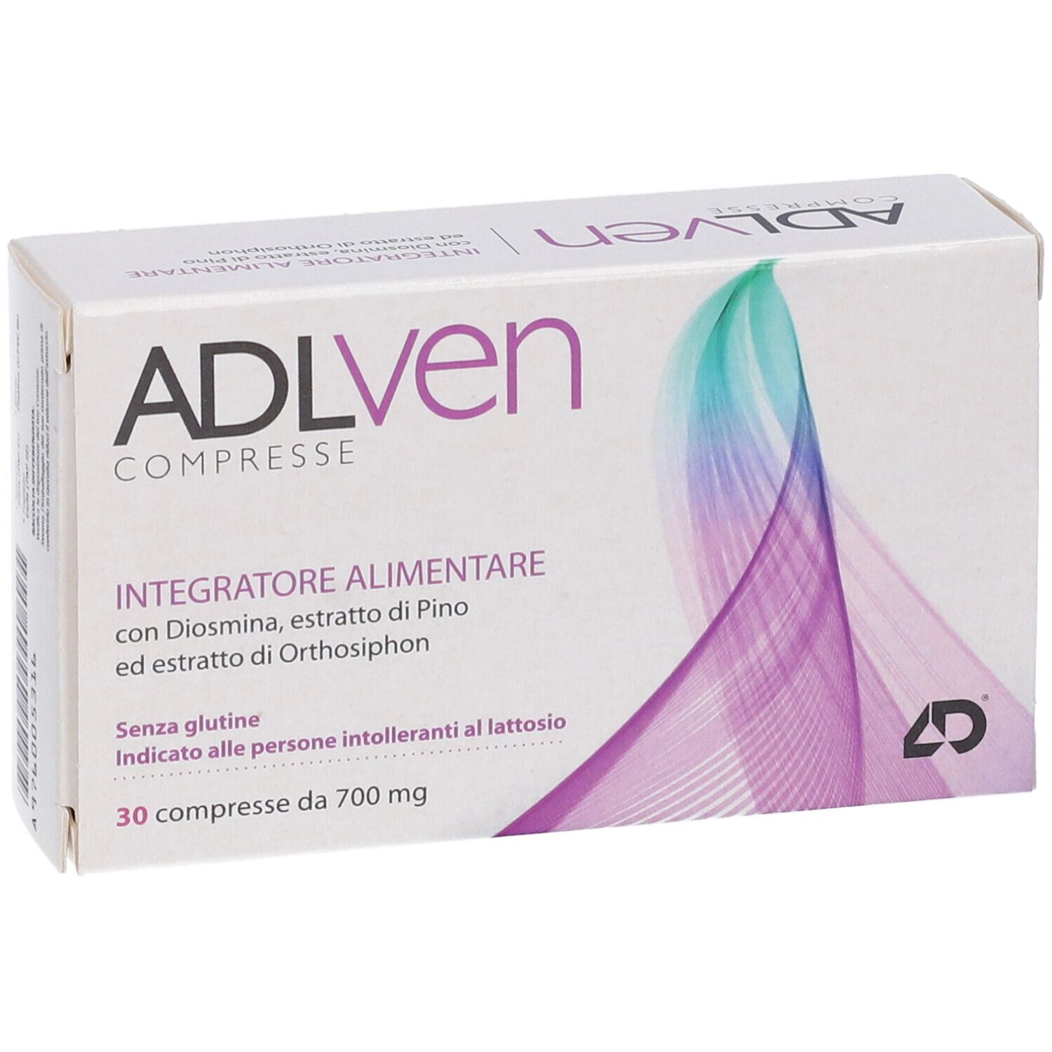 Scatola ADLven Compresse. Scritto: Integratore Alimentare. 30 compresse, 700 mg. Senza glutine. Grafica.