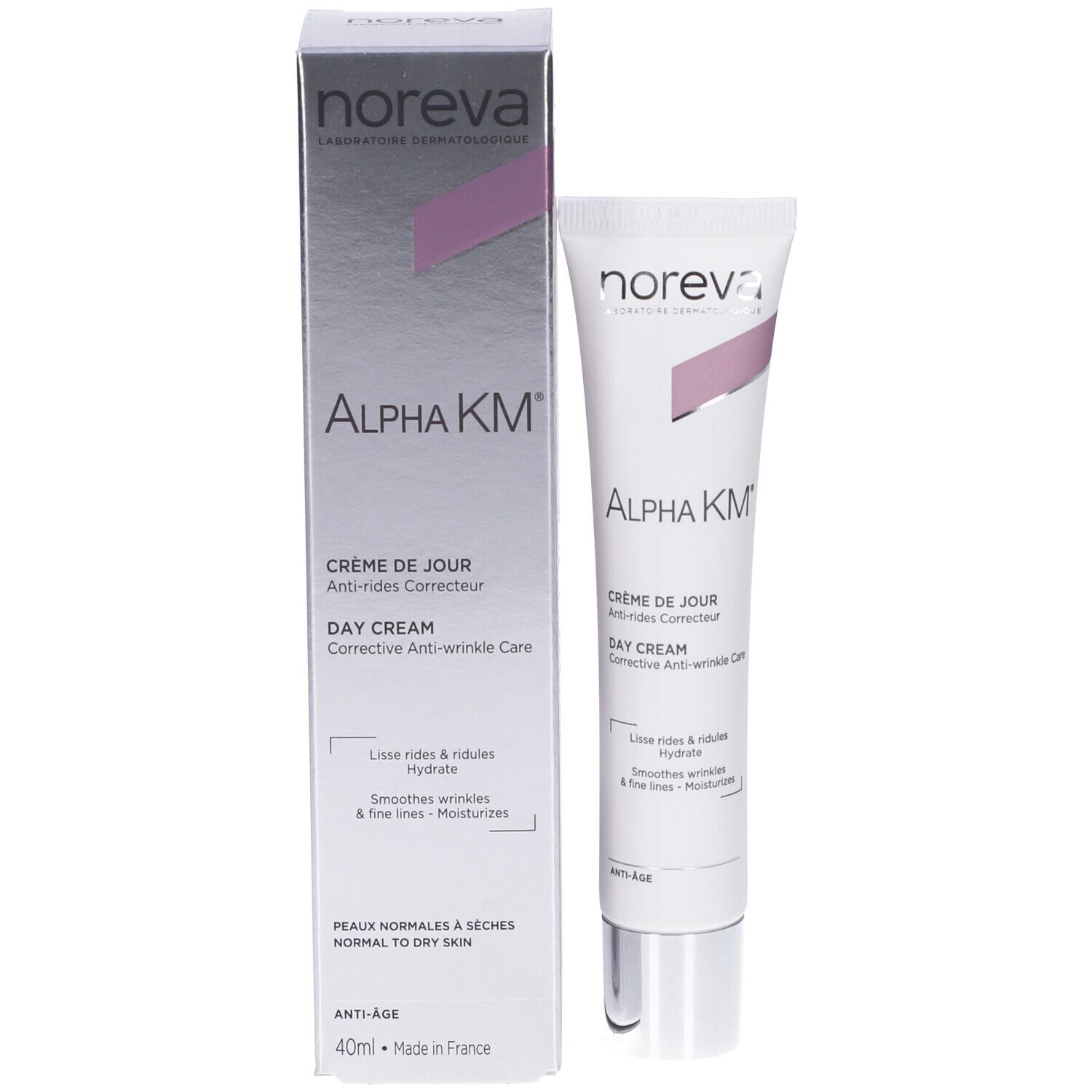 Confezione in cartone e tubo. Entrambi con "noreva" e "ALPHA KM". Crema giorno.