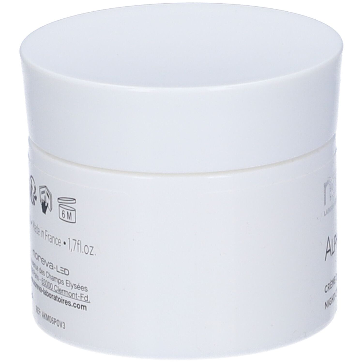 Vaso di crema bianco con coperchio. Scritta: Noreva, Alpha KM, Crème de Nuit, Night Cream.