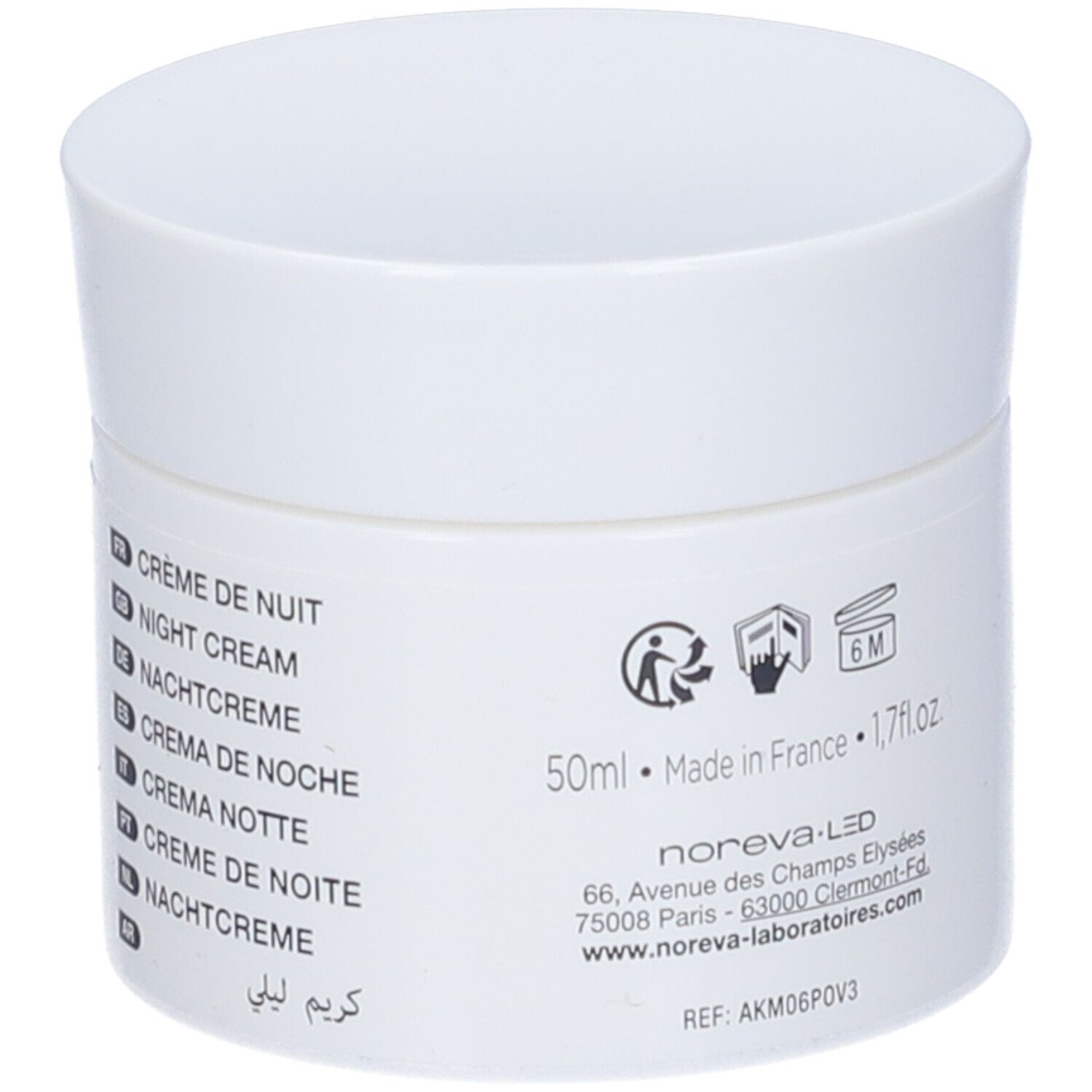 Vaso di crema bianco con coperchio. Scritta: Noreva, Alpha KM, Crème de Nuit, Night Cream. Testo sul retro.
