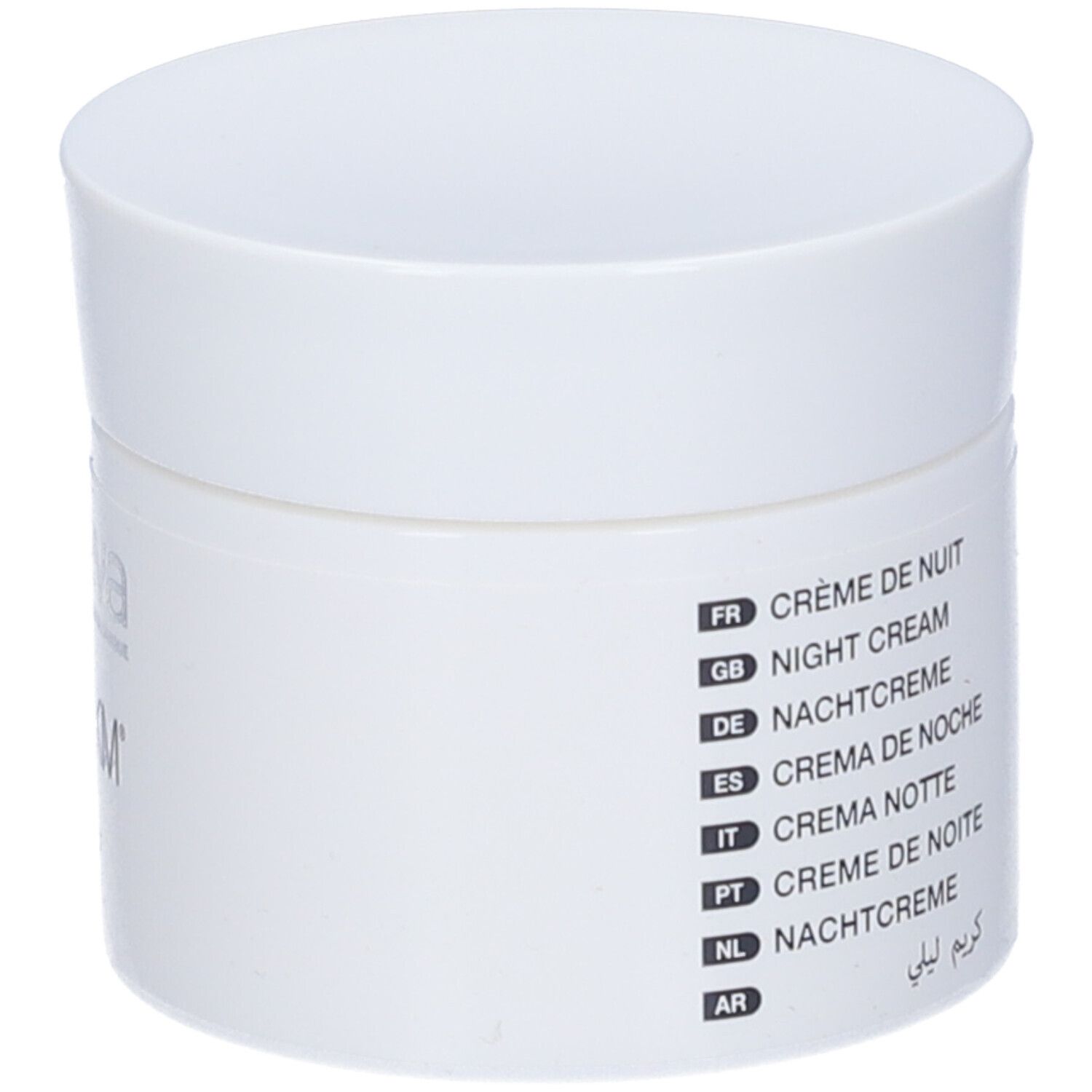 Vaso di crema bianco con coperchio. Scritta: Noreva, Alpha KM, Crème de Nuit, Night Cream. Testo sul retro.