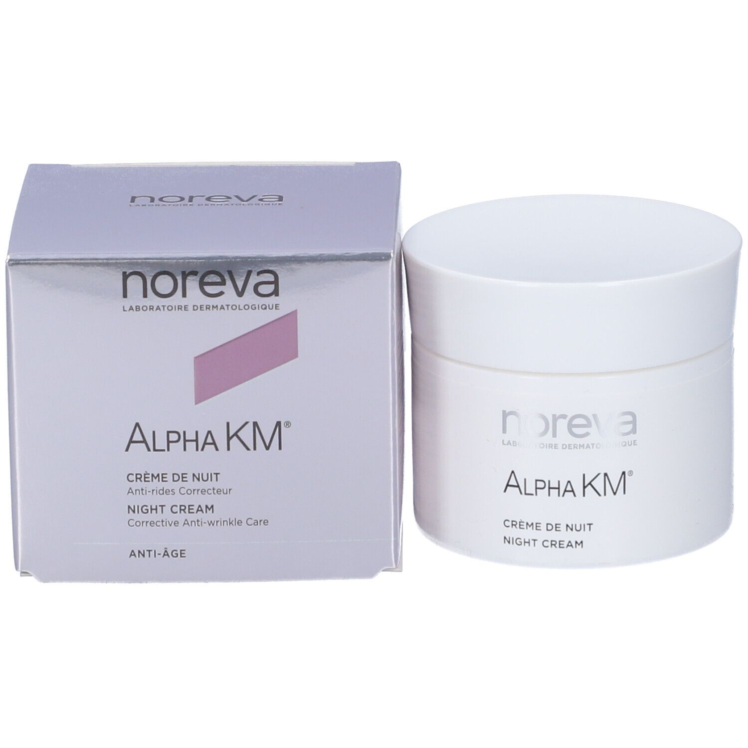 Vaso e scatola bianchi. Scritta: Noreva, Alpha KM, Crème de Nuit, Night Cream. Anti-età.