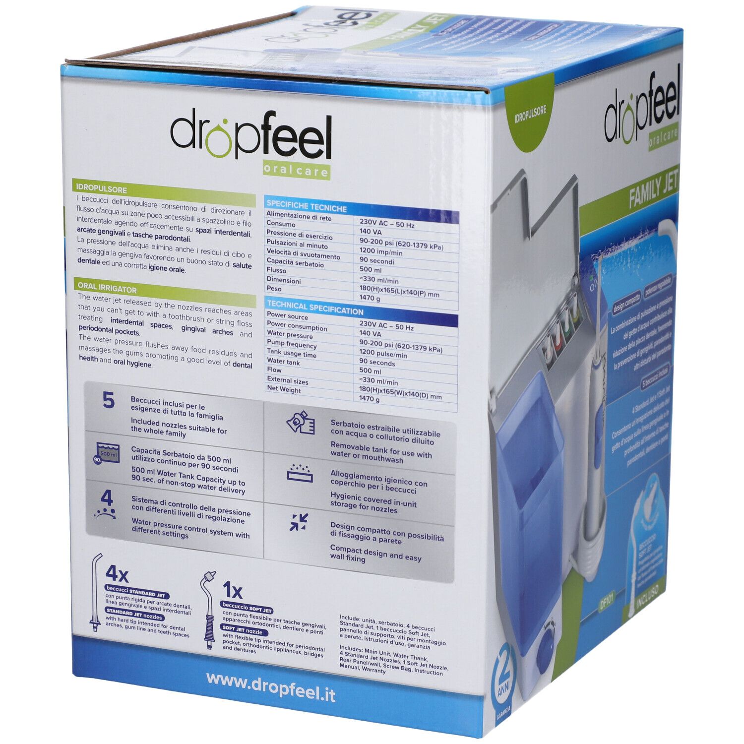 Retro confezione DROPFEEL FAMILY JET con specifiche tecniche e caratteristiche dell'idropulsore.