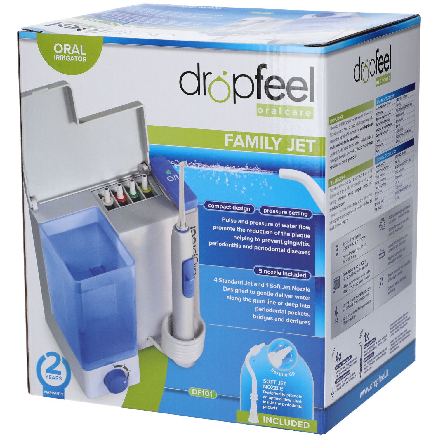 Confezione DROPFEEL IDROPULSORE FAMILY: idropulsore con 5 beccucci, serbatoio compatto e impugnatura.