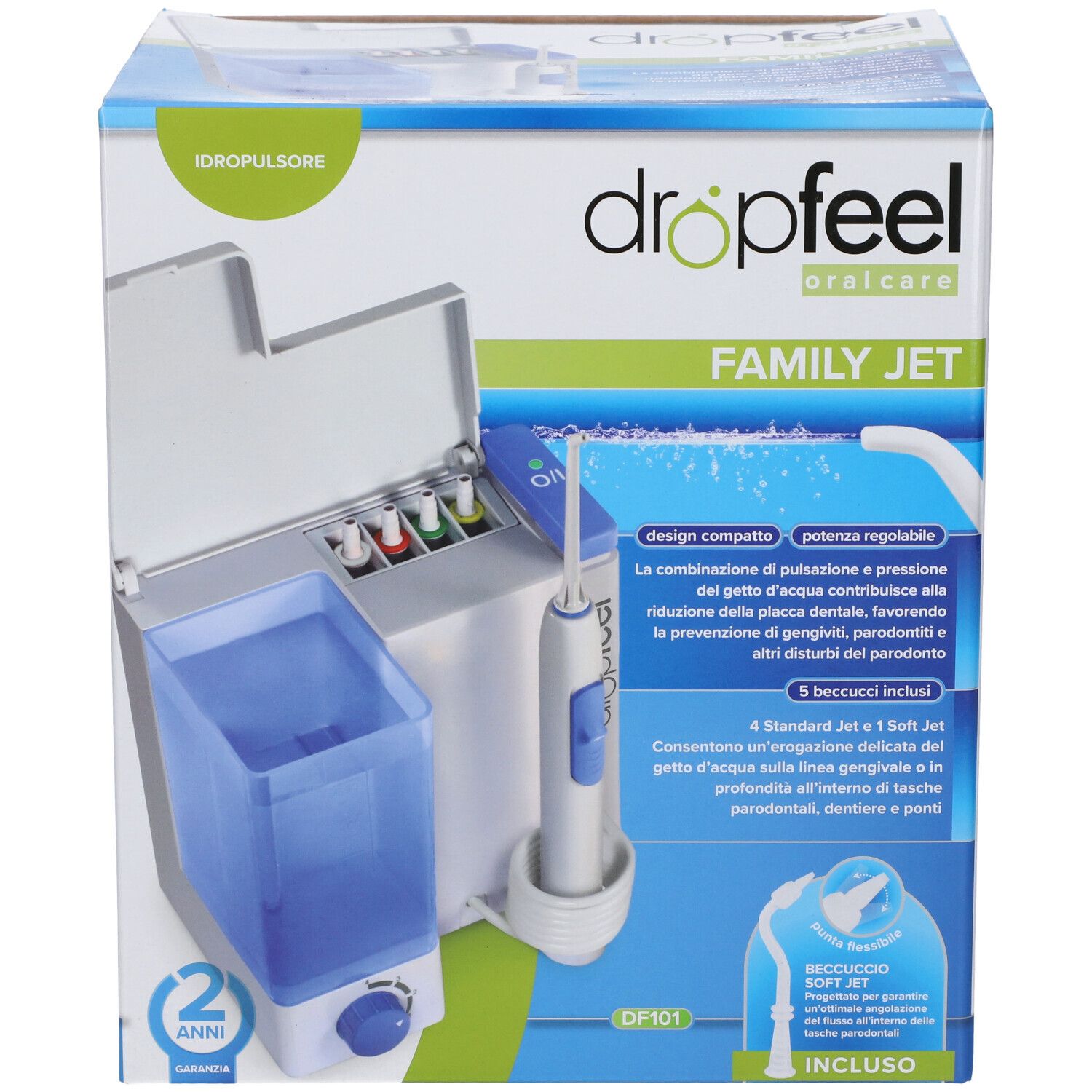 Confezione DROPFEEL IDROPULSORE FAMILY: idropulsore con 5 beccucci, serbatoio e impugnatura.