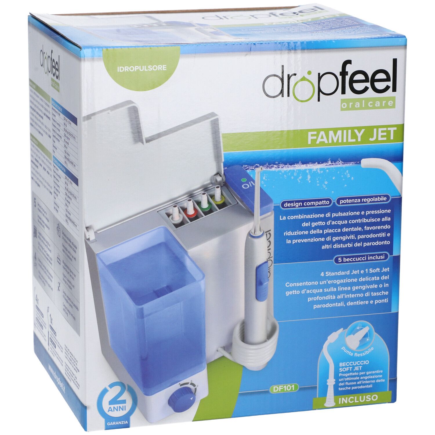 Confezione DROPFEEL IDROPULSORE FAMILY: idropulsore con 5 beccucci, serbatoio, impugnatura e garanzia.