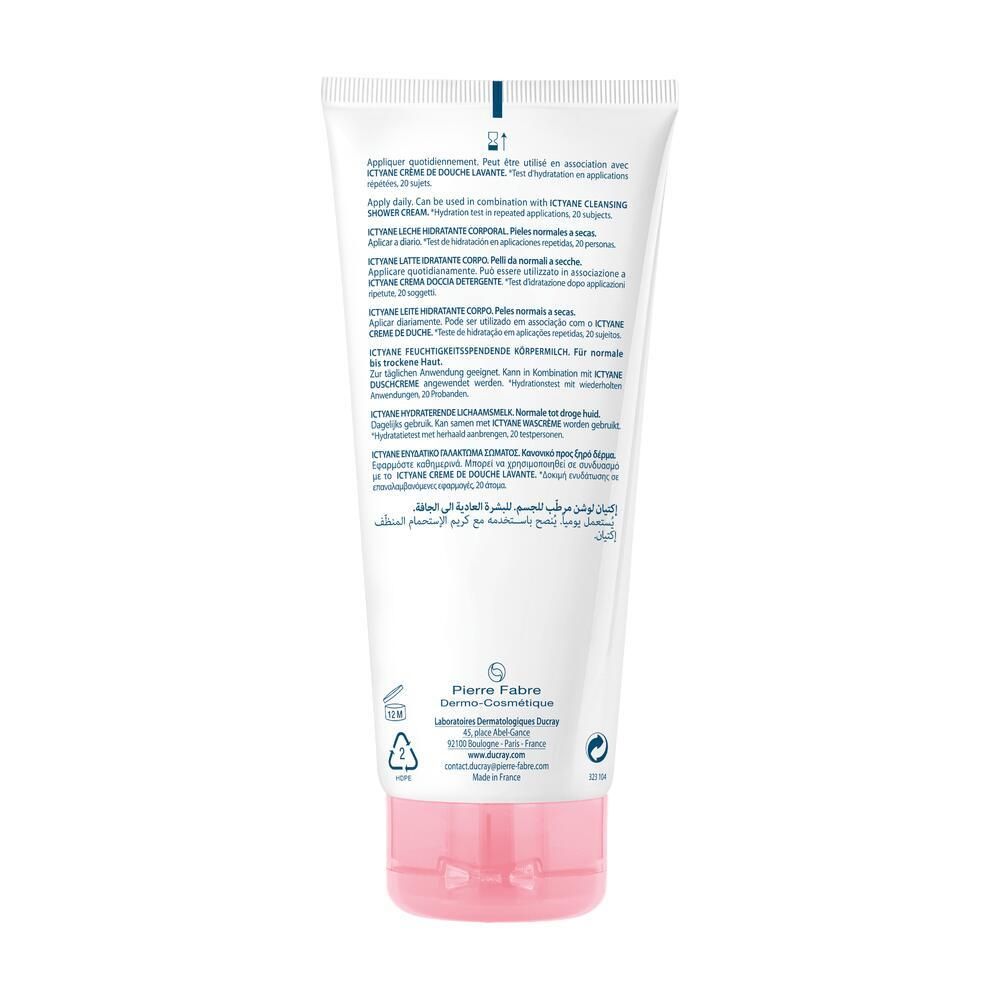 Retro del tubo. Testo multilingue. Informazioni sul produttore e simboli di riciclaggio. Tappo rosa.