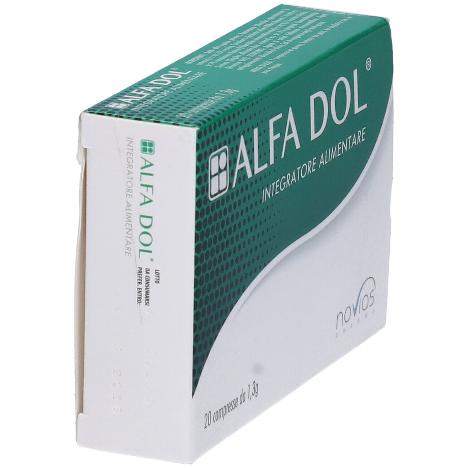 Scatola "ALFA DOL", vista laterale. Confezione verde e bianca. Scritta "Integratore Alimentare". Logo e testo sul lato.