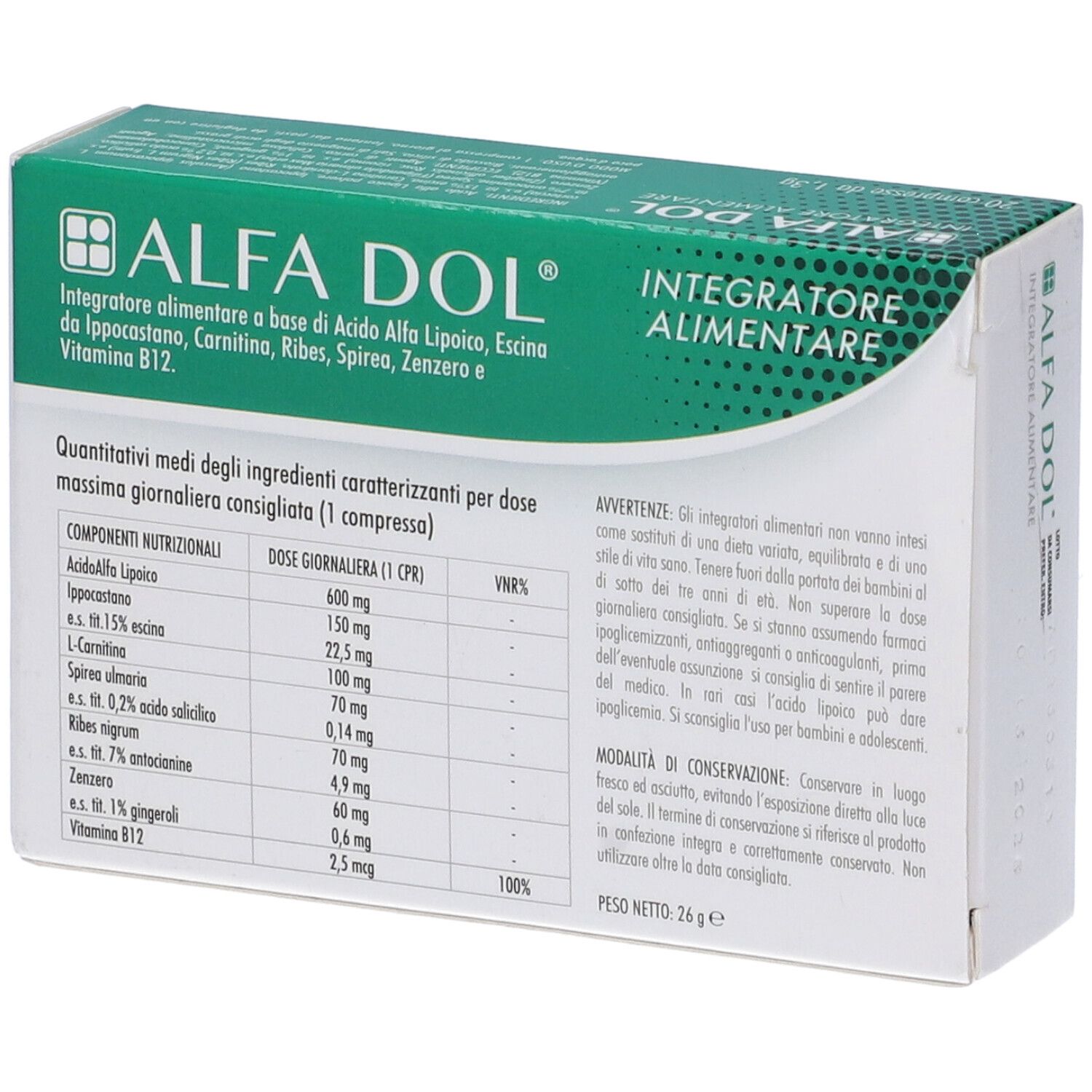 Retro della scatola "ALFA DOL". Testo con ingredienti e informazioni nutrizionali. Confezione verde e bianca. "Integratore Alimentare".