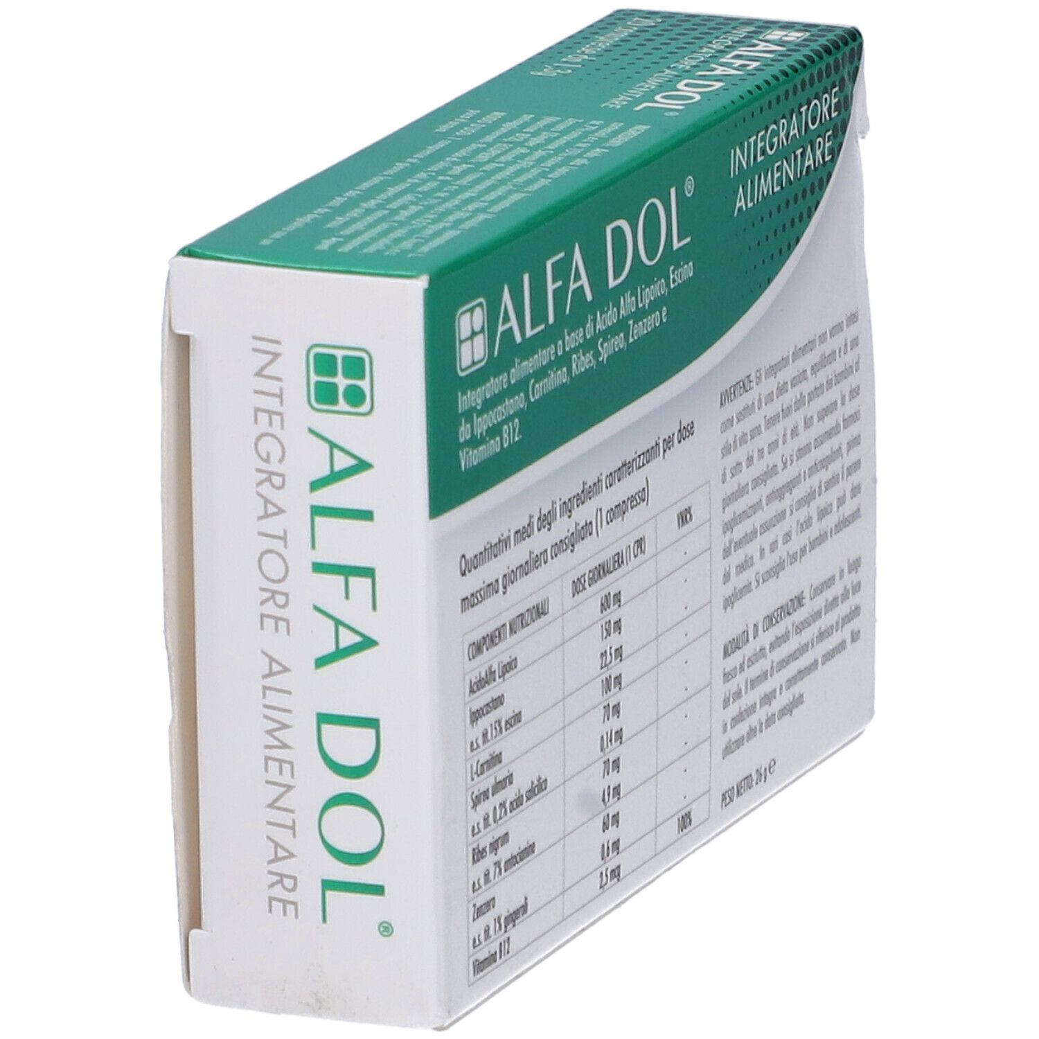 Vista laterale della scatola "ALFA DOL". Testo con ingredienti. Confezione verde e bianca. "Integratore Alimentare".