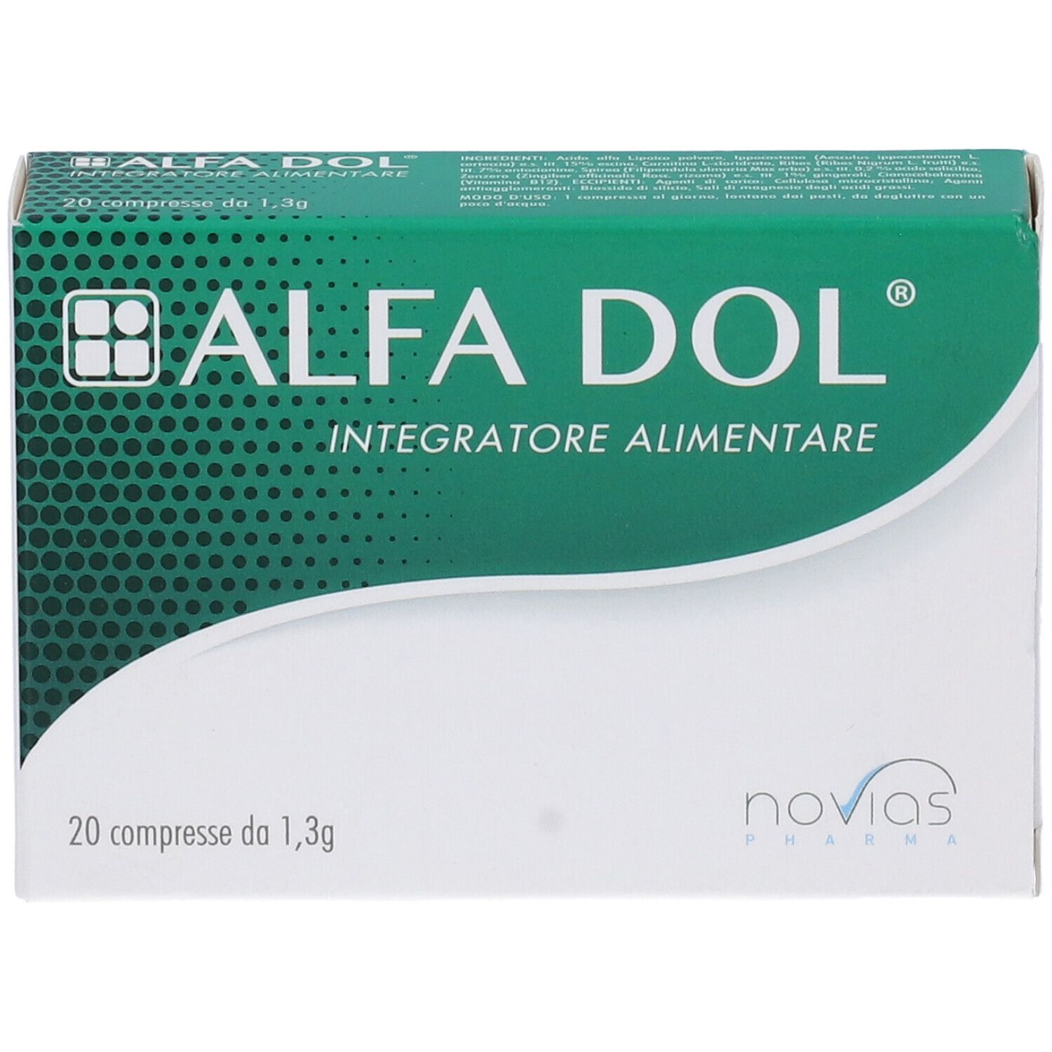 Scatola "ALFA DOL", vista frontale. 20 compresse. Confezione verde e bianca. "Integratore Alimentare" sotto.