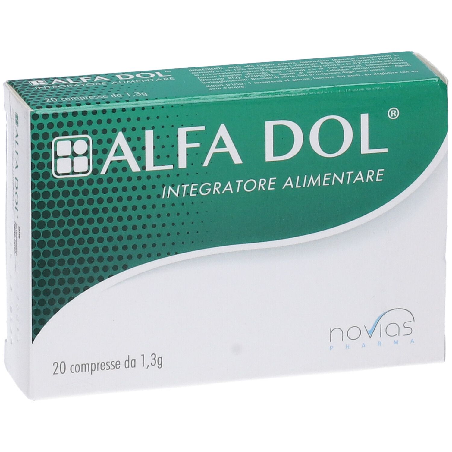 Scatola "ALFA DOL", vista frontale. 20 compresse. Confezione verde e bianca. "Integratore Alimentare" sotto.