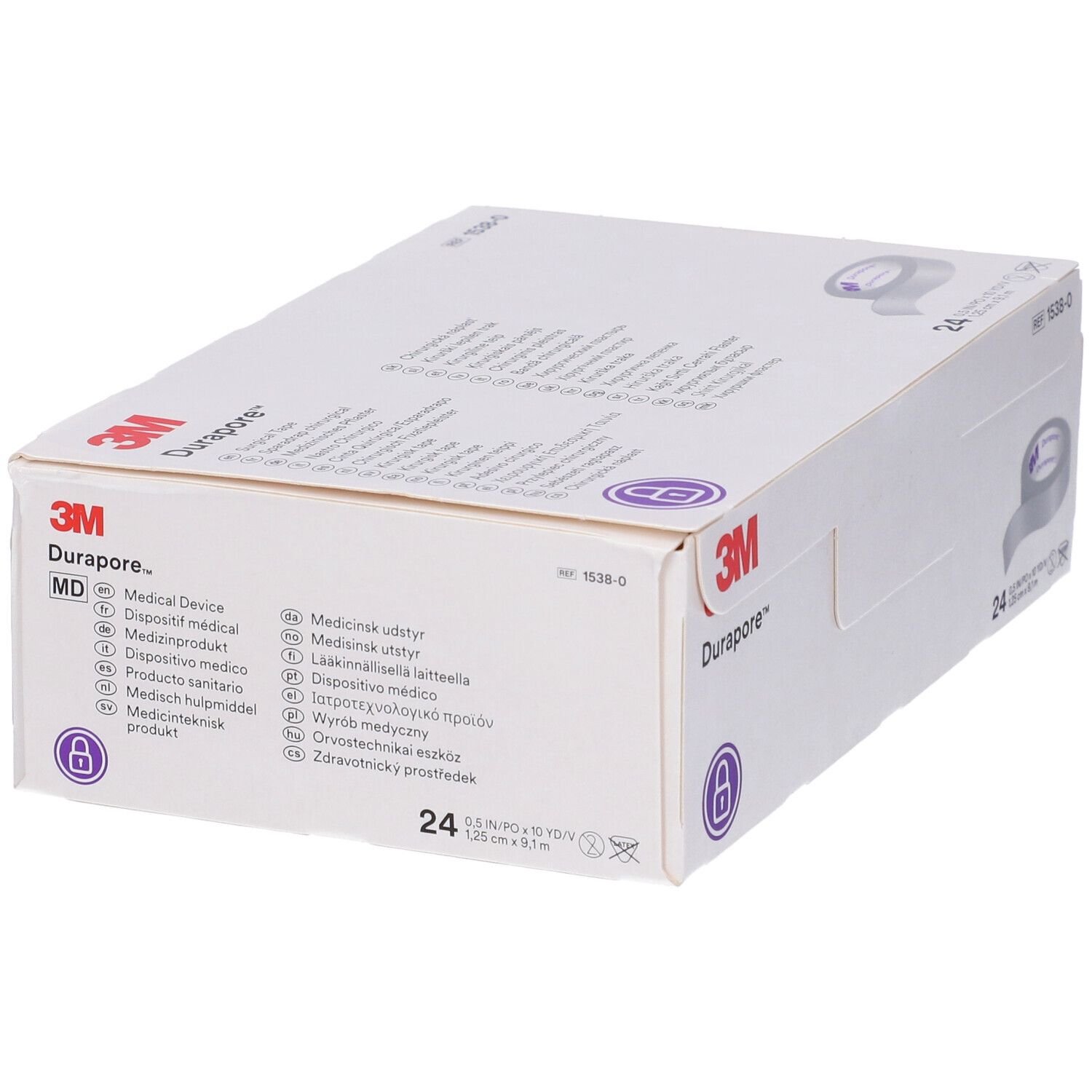Confezione bianca con logo 3M Durapore e MD. Contiene 24 rotoli da 1,25 cm x 9,1 m. Informazioni multilingue.