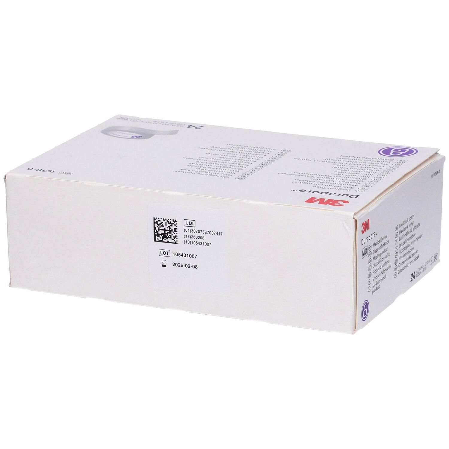 Confezione bianca con logo 3M Durapore. Contiene 24 rotoli da 1,25 cm x 9,1 m. Codice a barre e numero di lotto.