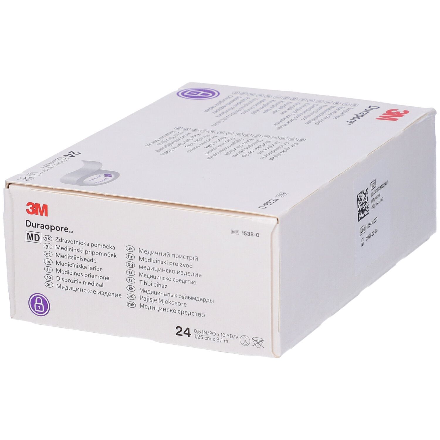 Confezione bianca con logo 3M Durapore e MD. Contiene 24 rotoli da 1,25 cm x 9,1 m. Codice a barre e numero di lotto.