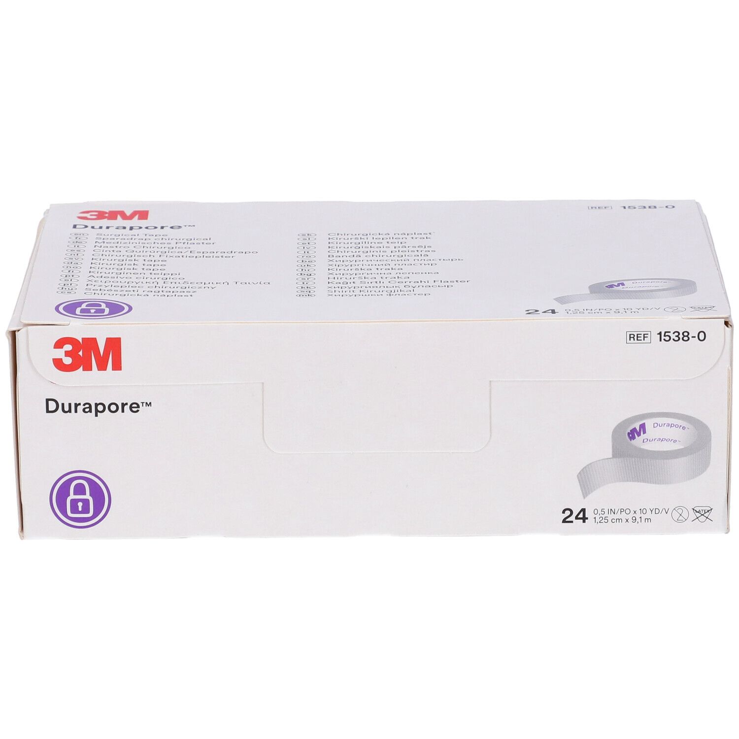 Confezione bianca con logo 3M Durapore. Contiene 24 rotoli da 1,25 cm x 9,1 m. Immagine e dimensioni del prodotto.