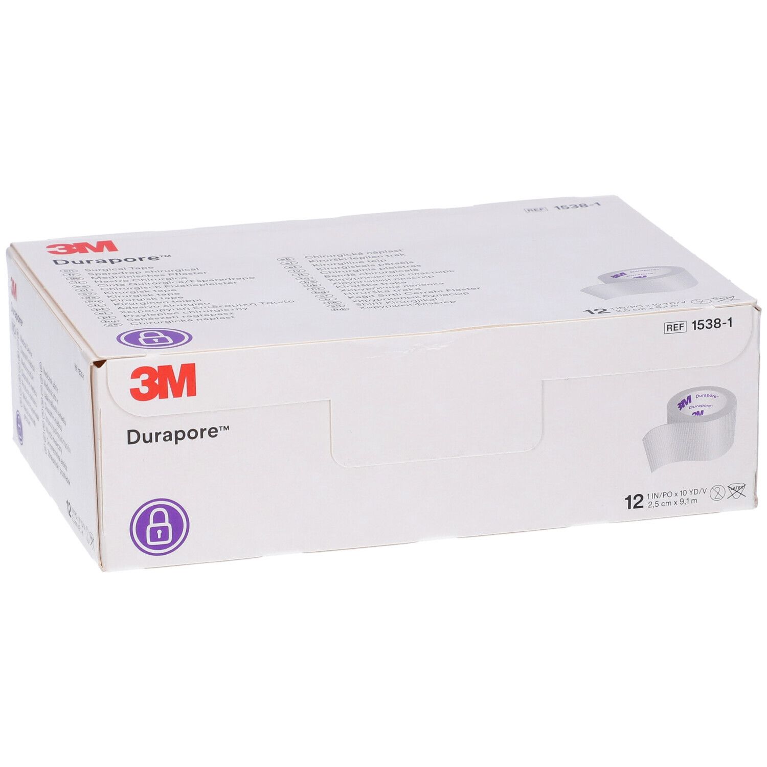 Scatola bianca con logo 3M Durapore e immagine del prodotto. Contiene 12 rotoli di nastro adesivo medico.