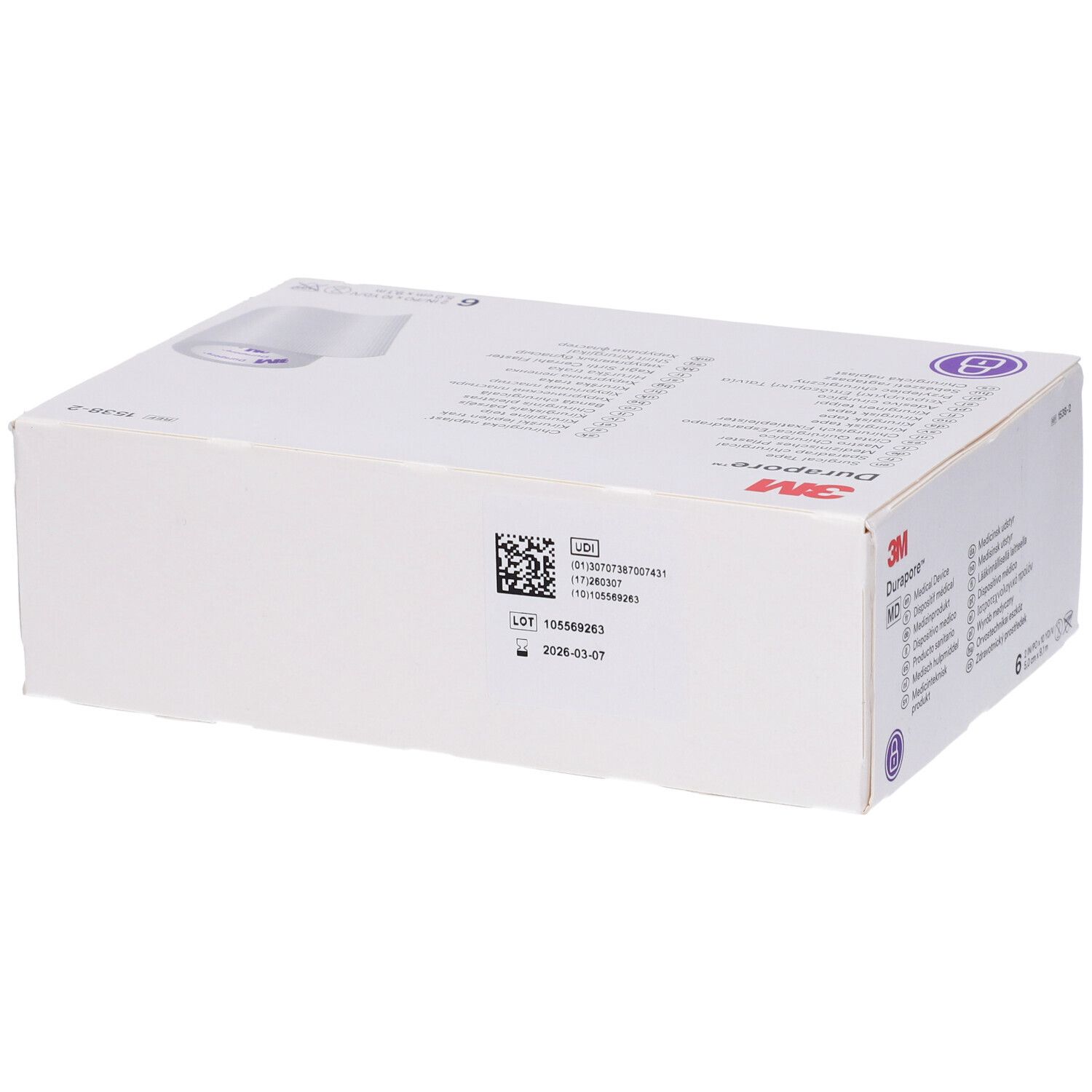 Confezione bianca 3M Durapore. Contiene 6 rotoli. Scritto: 5 cm x 9,1 m. Dispositivo medico.