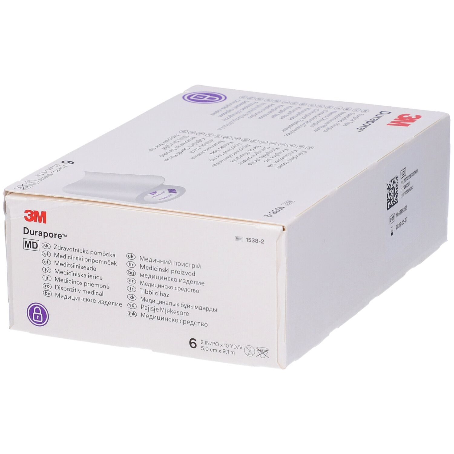 Confezione bianca 3M Durapore. Contiene 6 rotoli. Scritto: 5 cm x 9,1 m. Dispositivo medico.