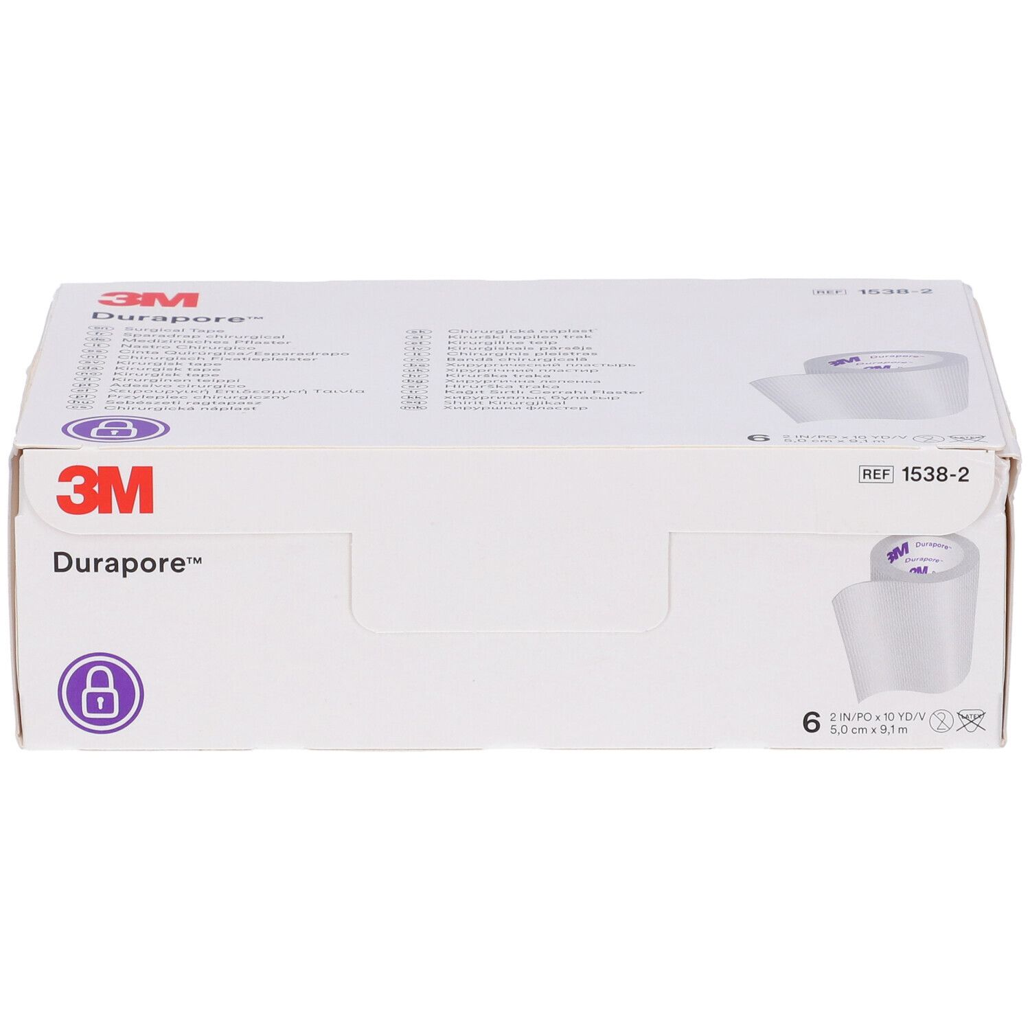 Confezione bianca 3M Durapore. Contiene 6 rotoli. Scritto: 5 cm x 9,1 m. Dispositivo medico.